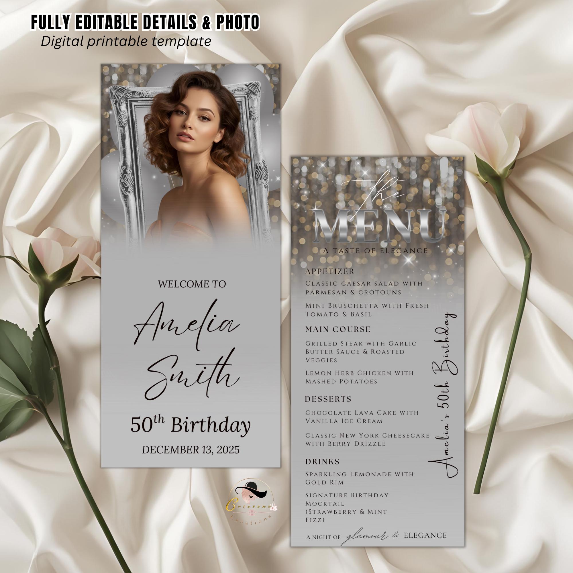 Editable Birthday Dinner Menu Silver Retirement Party Menu with photo, Elegant Brunch Menu Printable, Any Formal Event Menu Card Template
