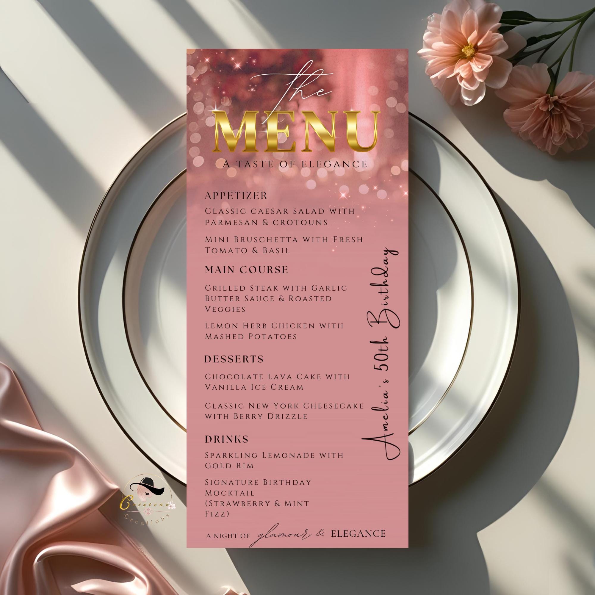 Editable Birthday Dinner Menu Pink Gold Retirement Party Menu with photo, Elegant Woman Brunch Menu Printable Sweet 16 Menu Card Template
