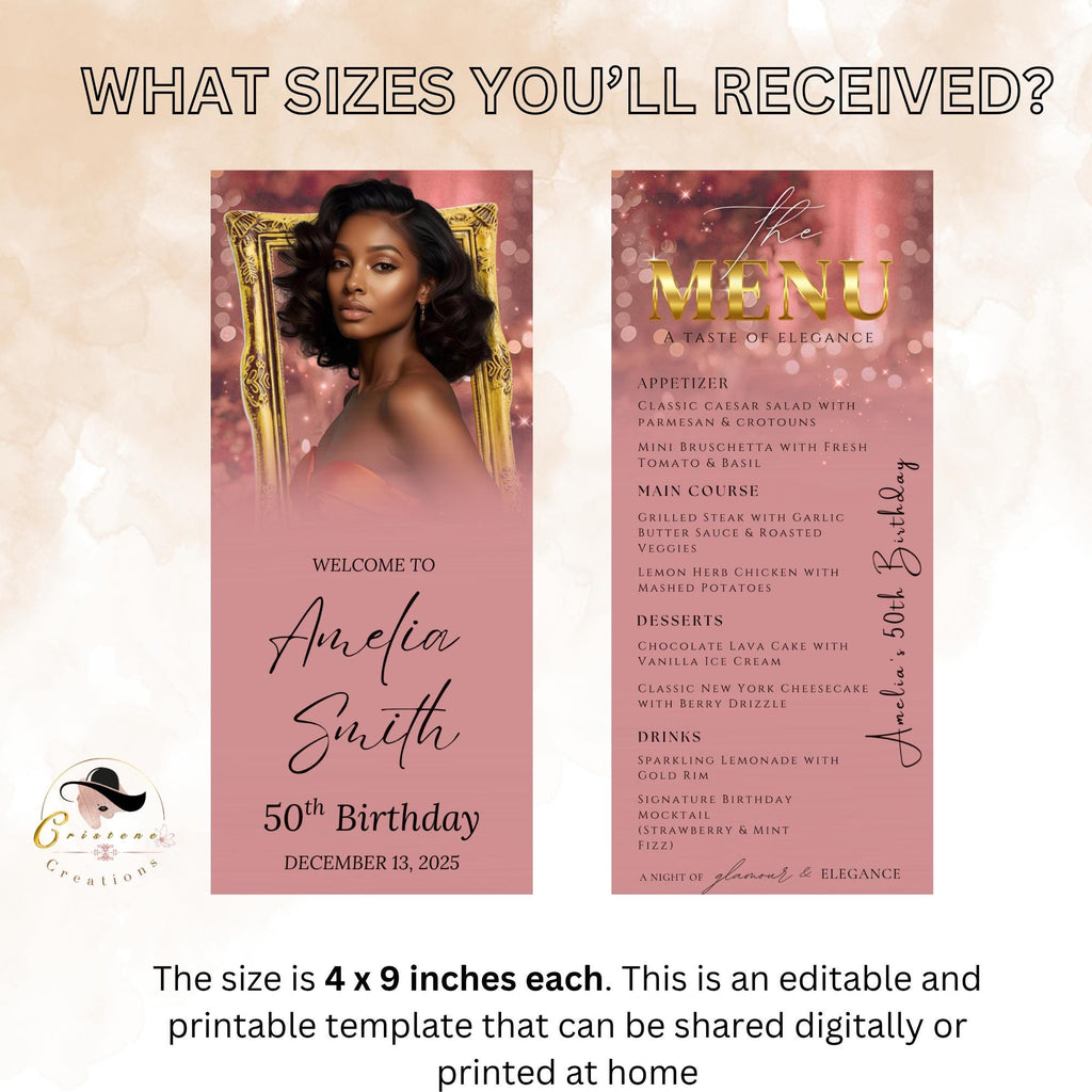 Editable Birthday Dinner Menu Pink Gold Retirement Party Menu with photo, Elegant Woman Brunch Menu Printable Sweet 16 Menu Card Template