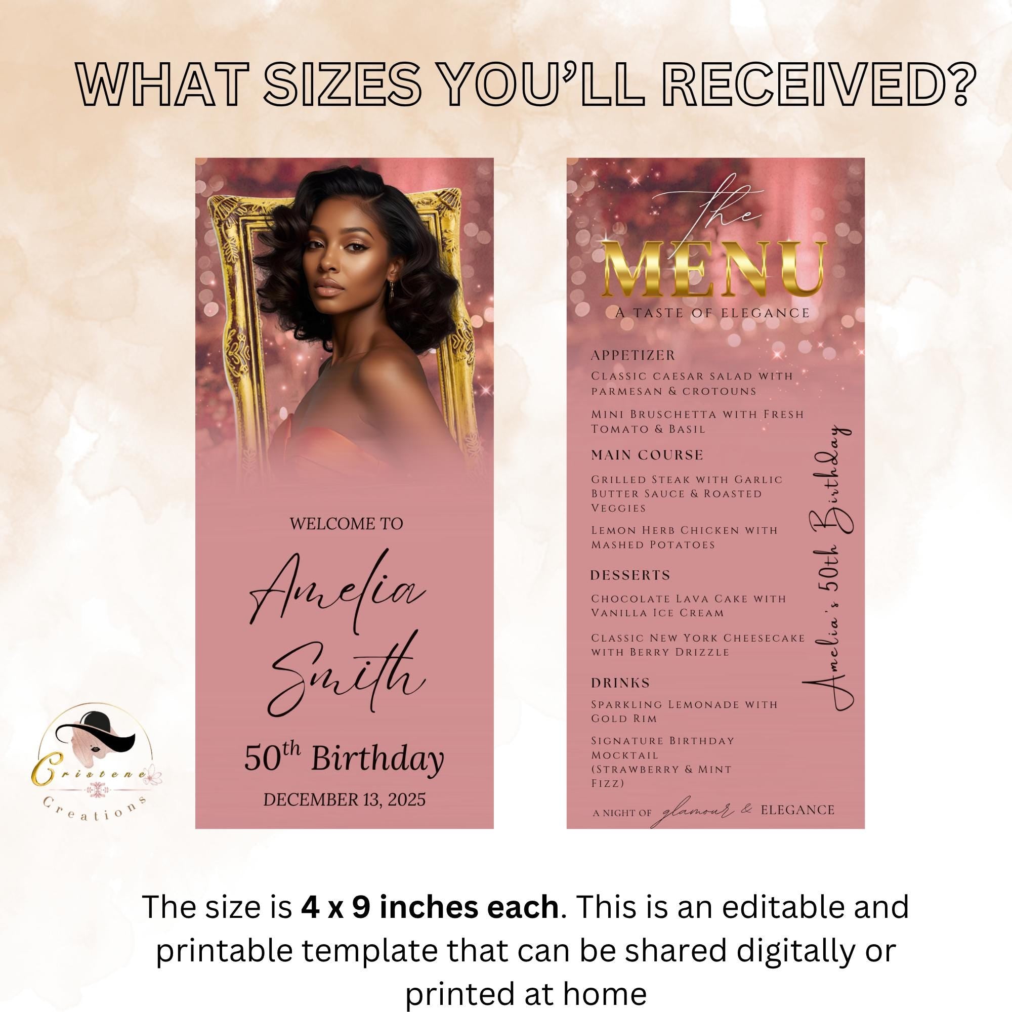 Editable Birthday Dinner Menu Pink Gold Retirement Party Menu with photo, Elegant Woman Brunch Menu Printable Sweet 16 Menu Card Template