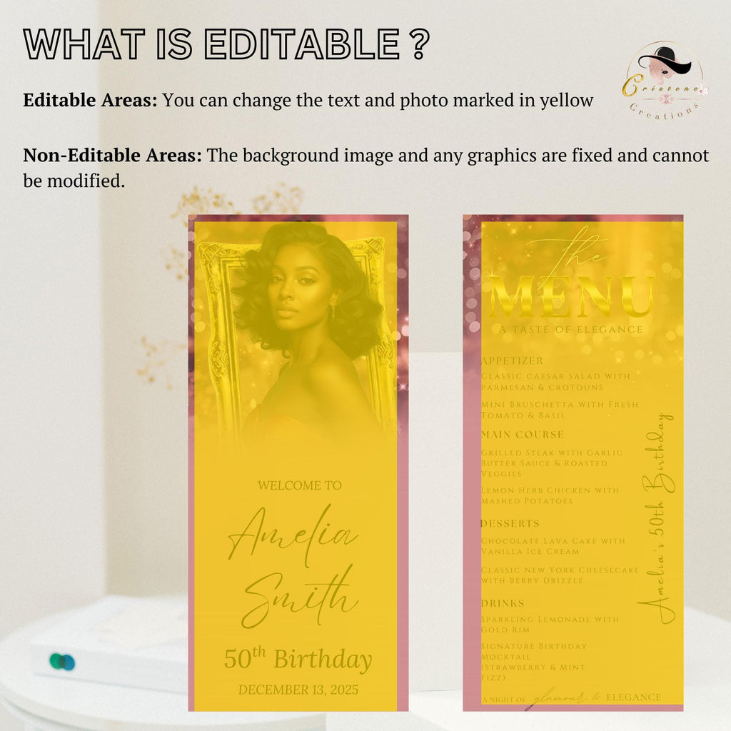 Editable Birthday Dinner Menu Pink Gold Retirement Party Menu with photo, Elegant Woman Brunch Menu Printable Sweet 16 Menu Card Template