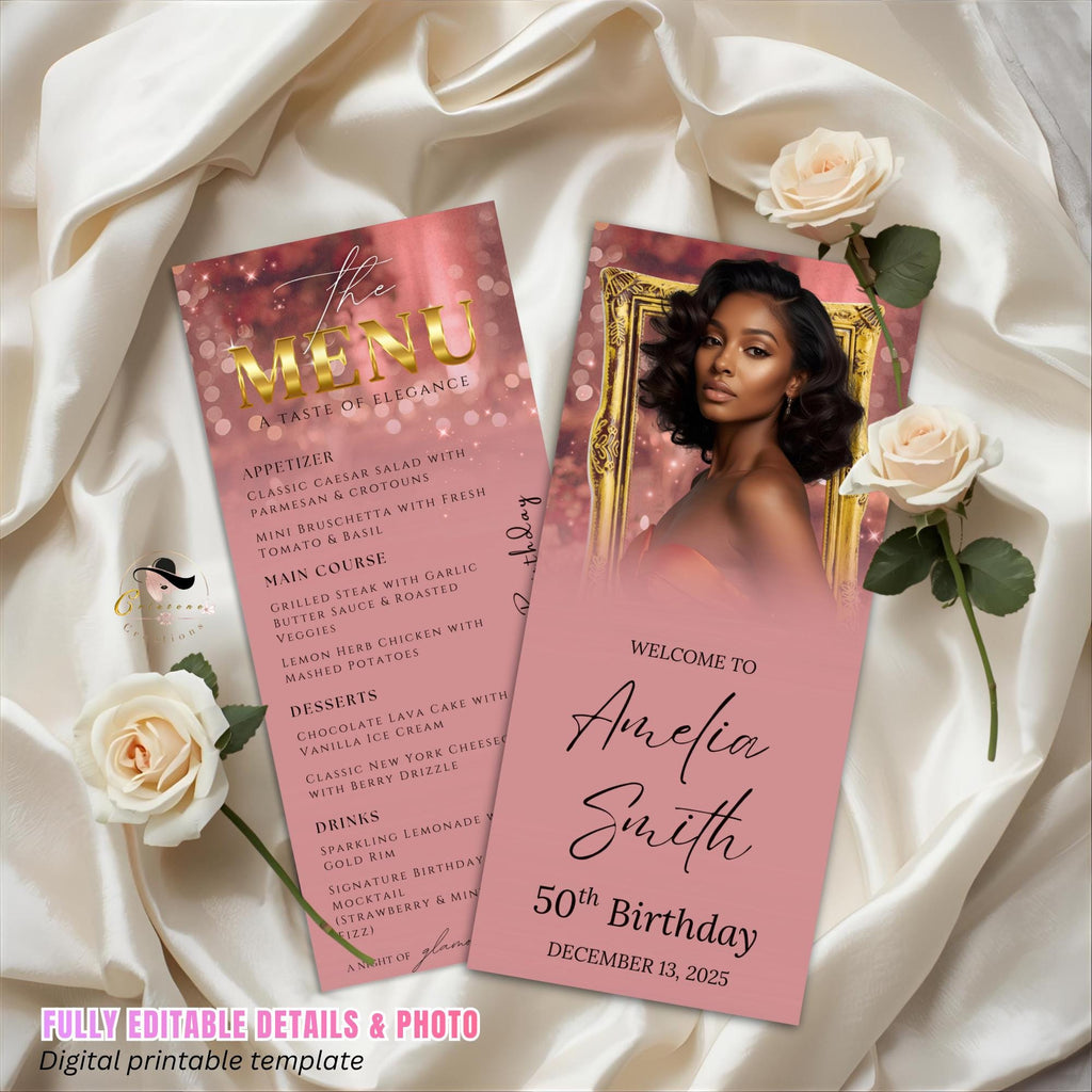 Editable Birthday Dinner Menu Pink Gold Retirement Party Menu with photo, Elegant Woman Brunch Menu Printable Sweet 16 Menu Card Template