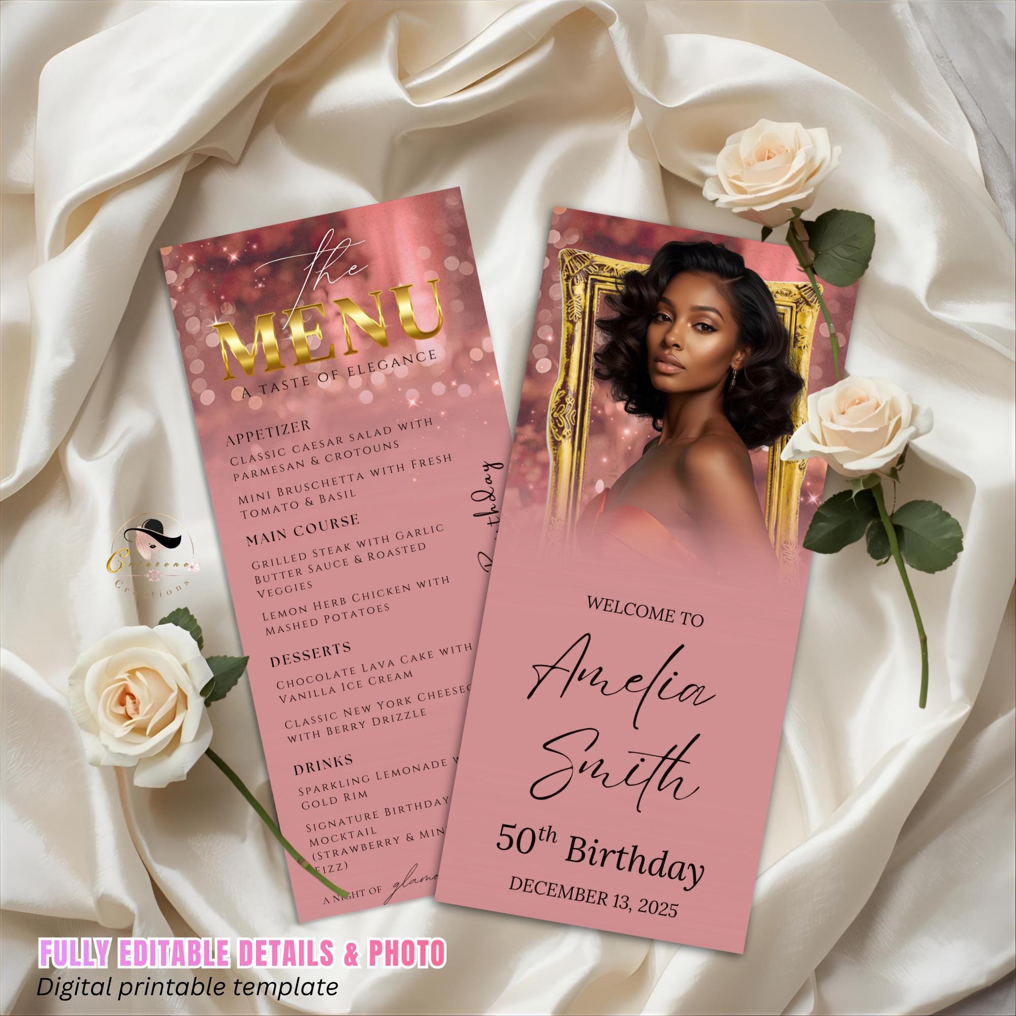 Editable Birthday Dinner Menu Pink Gold Retirement Party Menu with photo, Elegant Woman Brunch Menu Printable Sweet 16 Menu Card Template