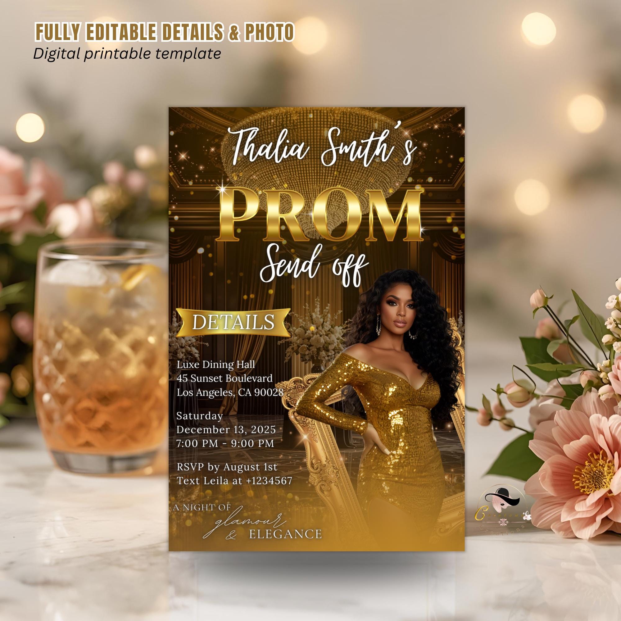 Digital Prom Send Off Invitation Black Gold Prom Party with photo invite, Editable Woman Prom Night Celebration Hollywood Template, PRM02