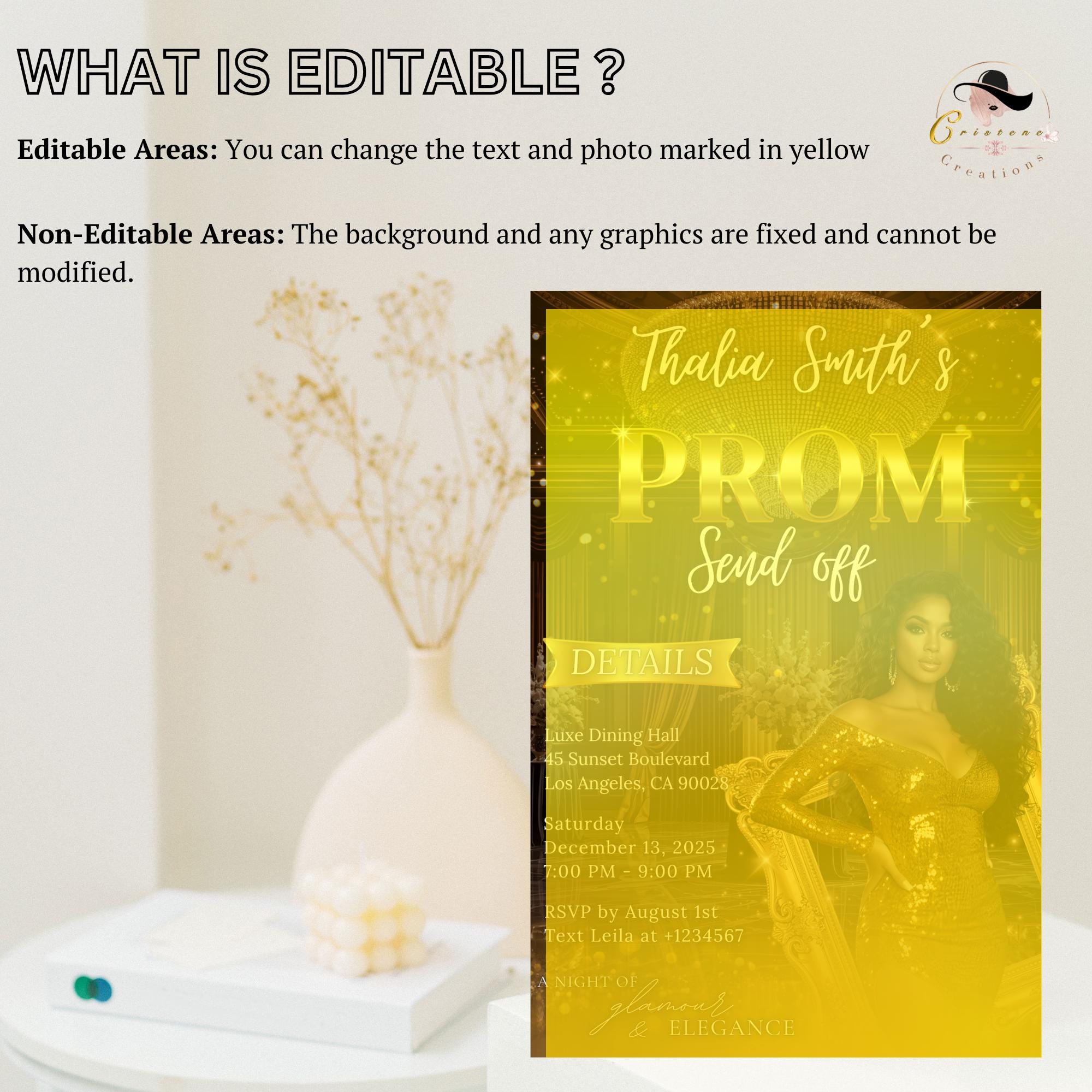 Digital Prom Send Off Invitation Black Gold Prom Party with photo invite, Editable Woman Prom Night Celebration Hollywood Template, PRM02