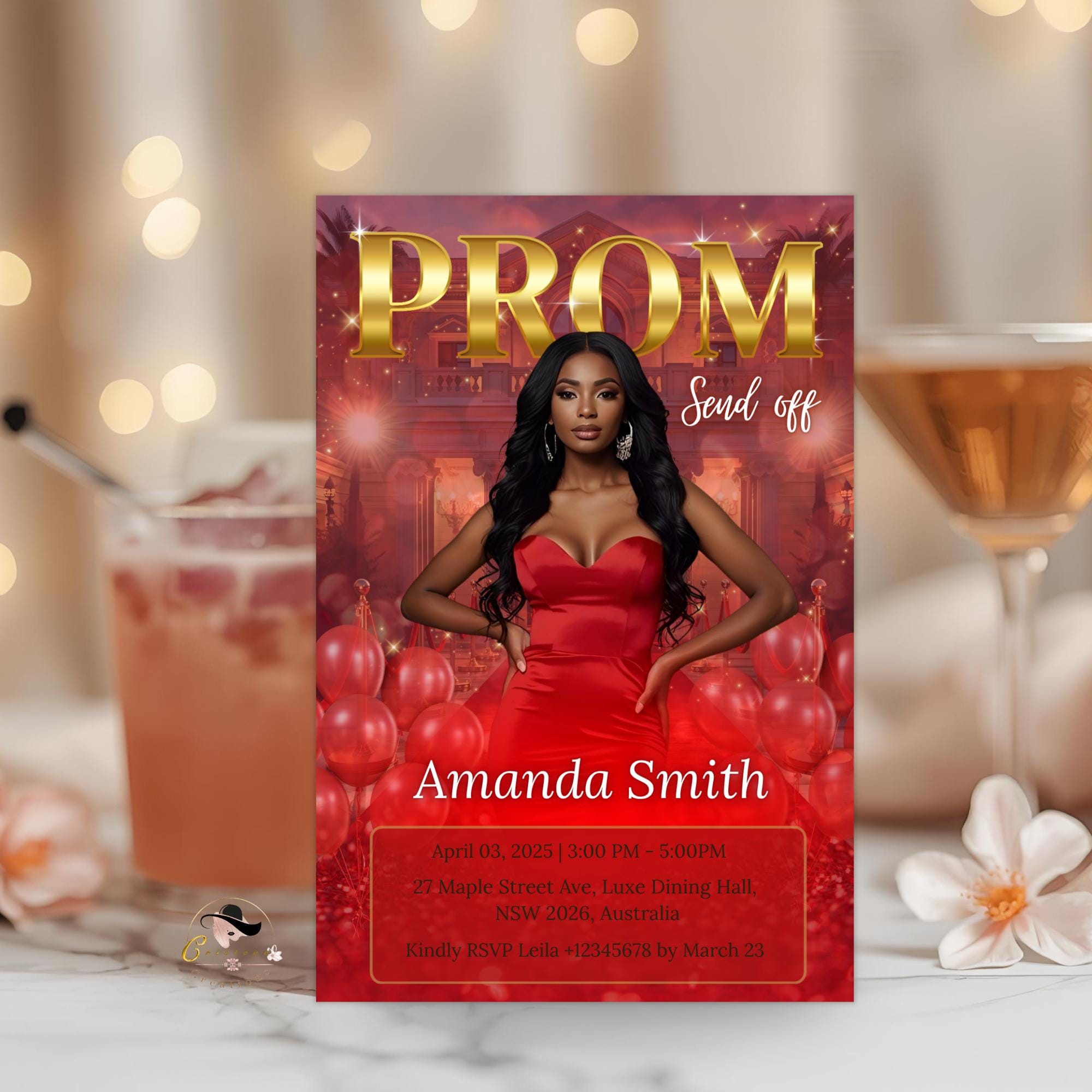 Digital Prom Send Off Invitation Red Gold Prom Party with photo invite Editable Woman Prom Night Celebration Hollywood Theme Template, PRM01