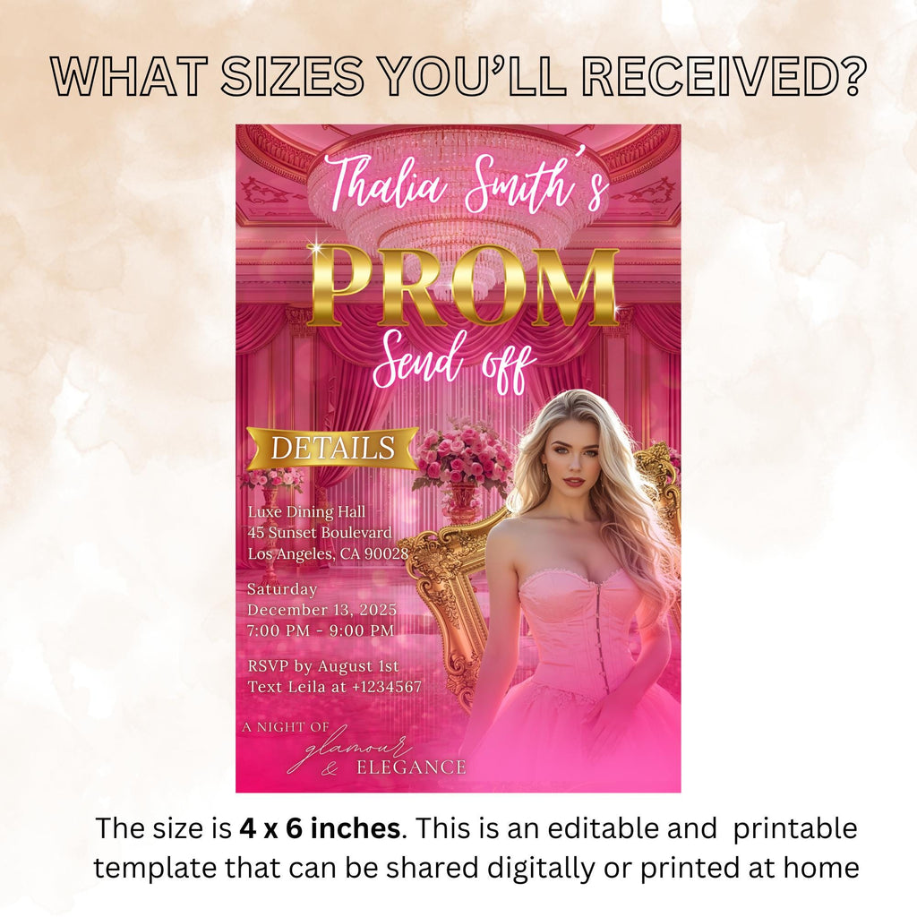 Editable Prom Send Off Invitation Pink Gold Prom Party with photo invite, Digital Woman Prom Night Celebration Hollywood Template, PRM03