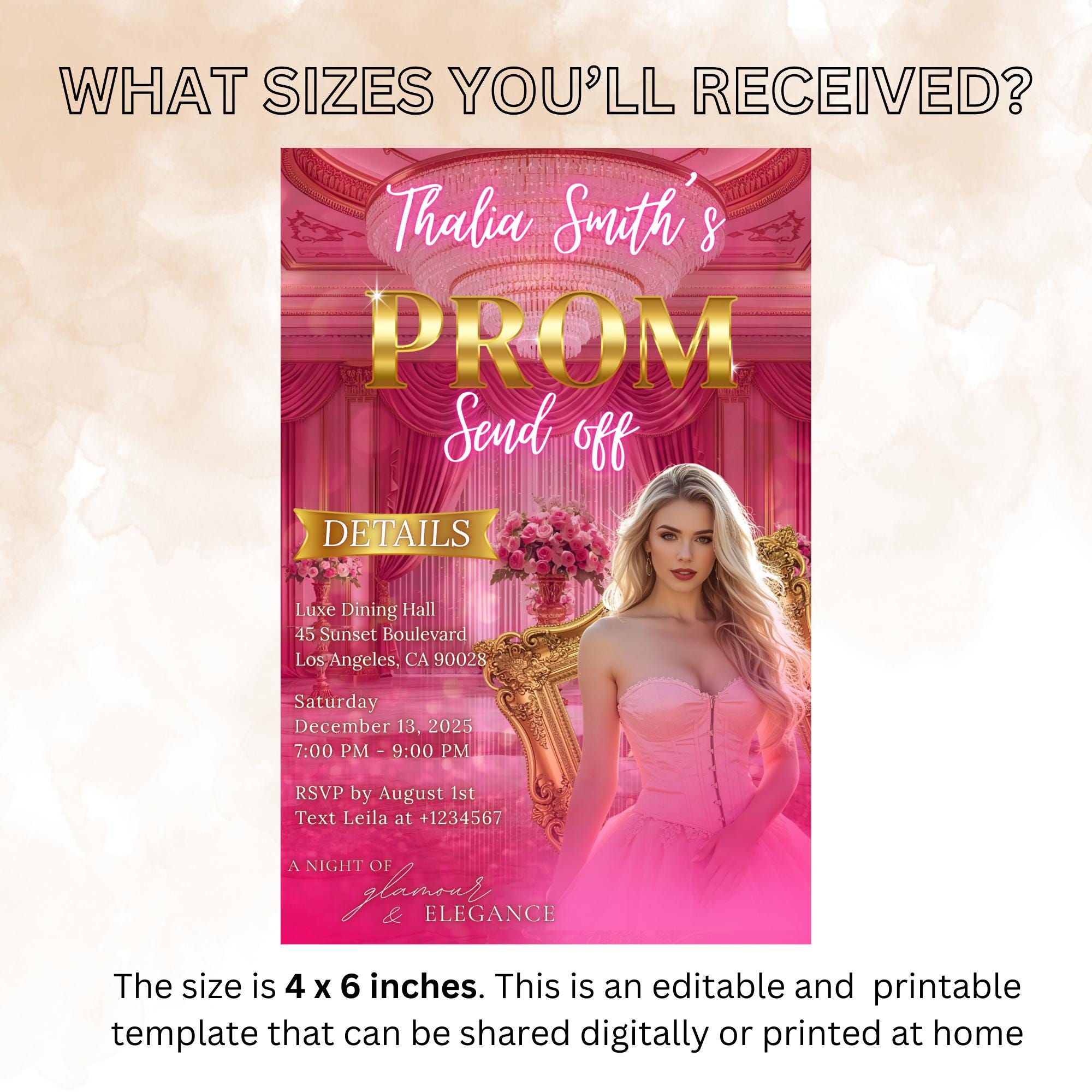 Editable Prom Send Off Invitation Pink Gold Prom Party with photo invite, Digital Woman Prom Night Celebration Hollywood Template, PRM03