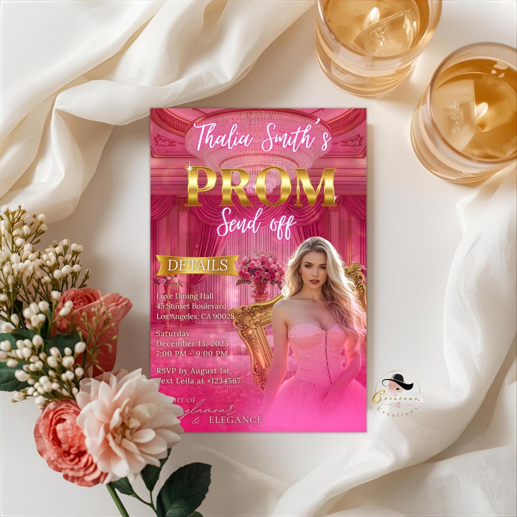 Editable Prom Send Off Invitation Pink Gold Prom Party with photo invite, Digital Woman Prom Night Celebration Hollywood Template, PRM03