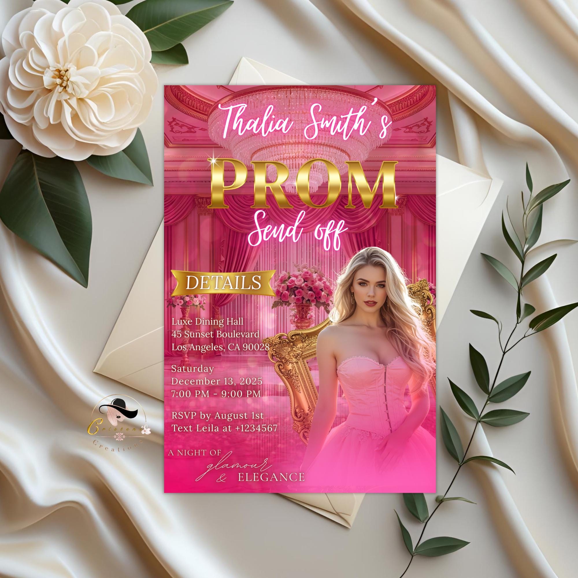 Editable Prom Send Off Invitation Pink Gold Prom Party with photo invite, Digital Woman Prom Night Celebration Hollywood Template, PRM03
