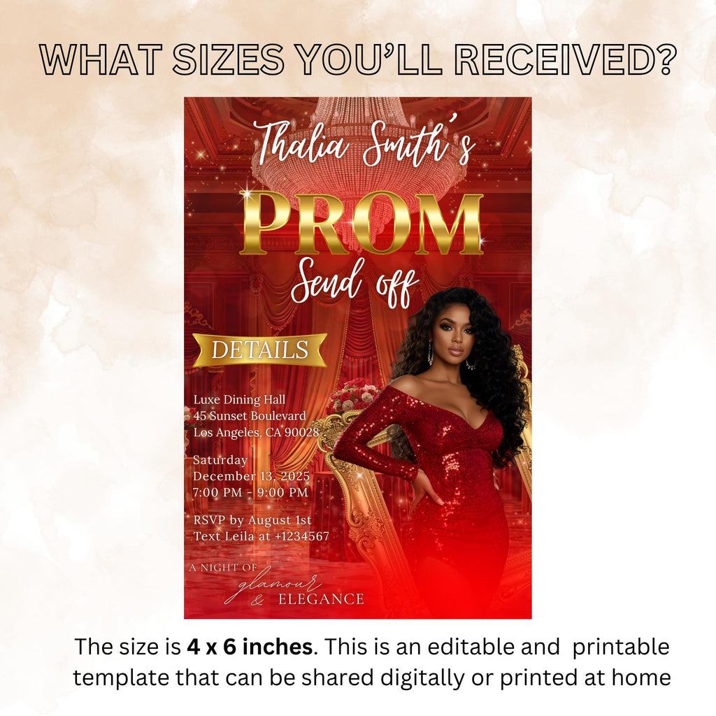 Editable Prom Send Off Invitation Red Gold Prom Party with photo invite Digital Woman Prom Night Celebration Hollywood Theme Template, PRM04