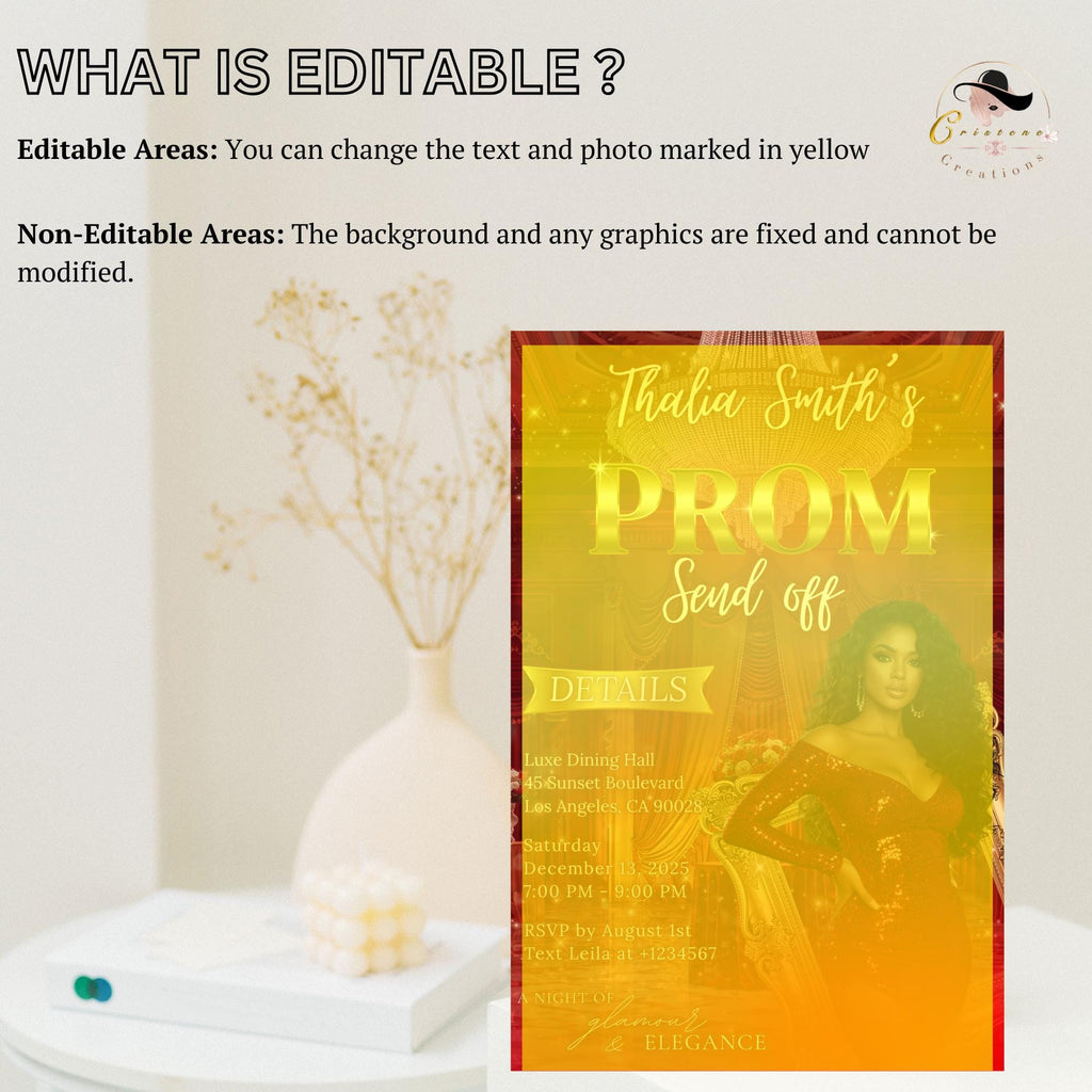 Editable Prom Send Off Invitation Red Gold Prom Party with photo invite Digital Woman Prom Night Celebration Hollywood Theme Template, PRM04