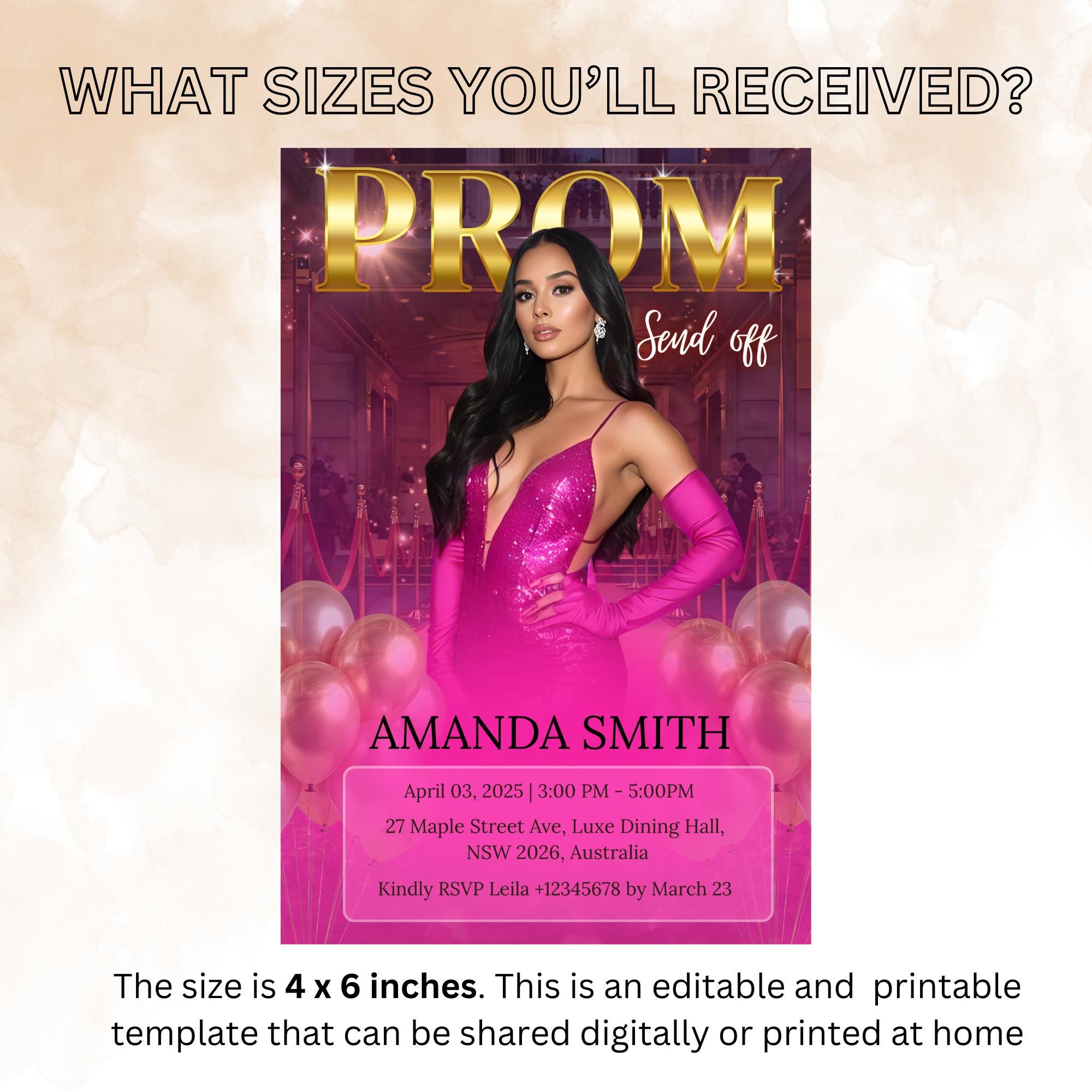 Digital Prom Send Off Invitation Pink Gold Prom Party with photo invite Editable Woman Prom Night Celebration Hollywood Theme Template PRM05