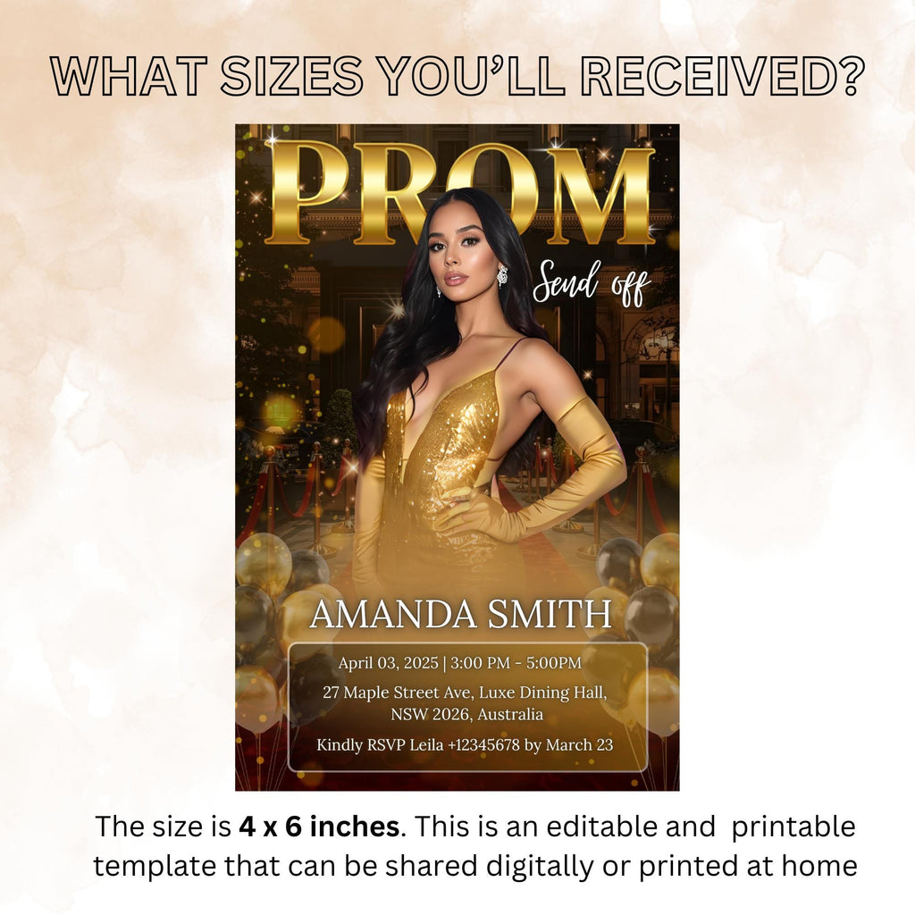 Digital Prom Send Off Party Invitation Black Gold Woman Prom Night with photo invite, Editable Hollywood Theme Celebration Template, PRM06