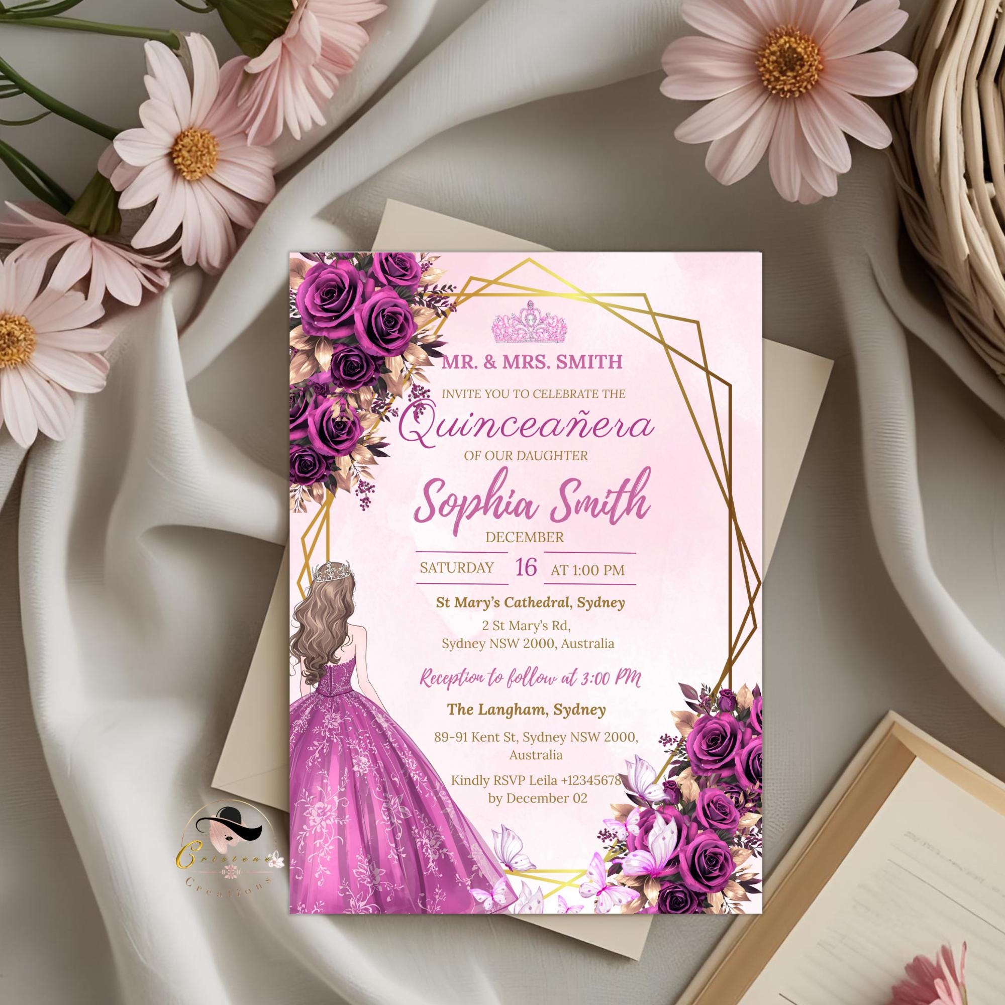 Digital Quinceañera Invitation Purple Gold Elegant Mis Quince Invite, Floral 15th Birthday Party, Quince Anos Invite, Sweet 15 Template