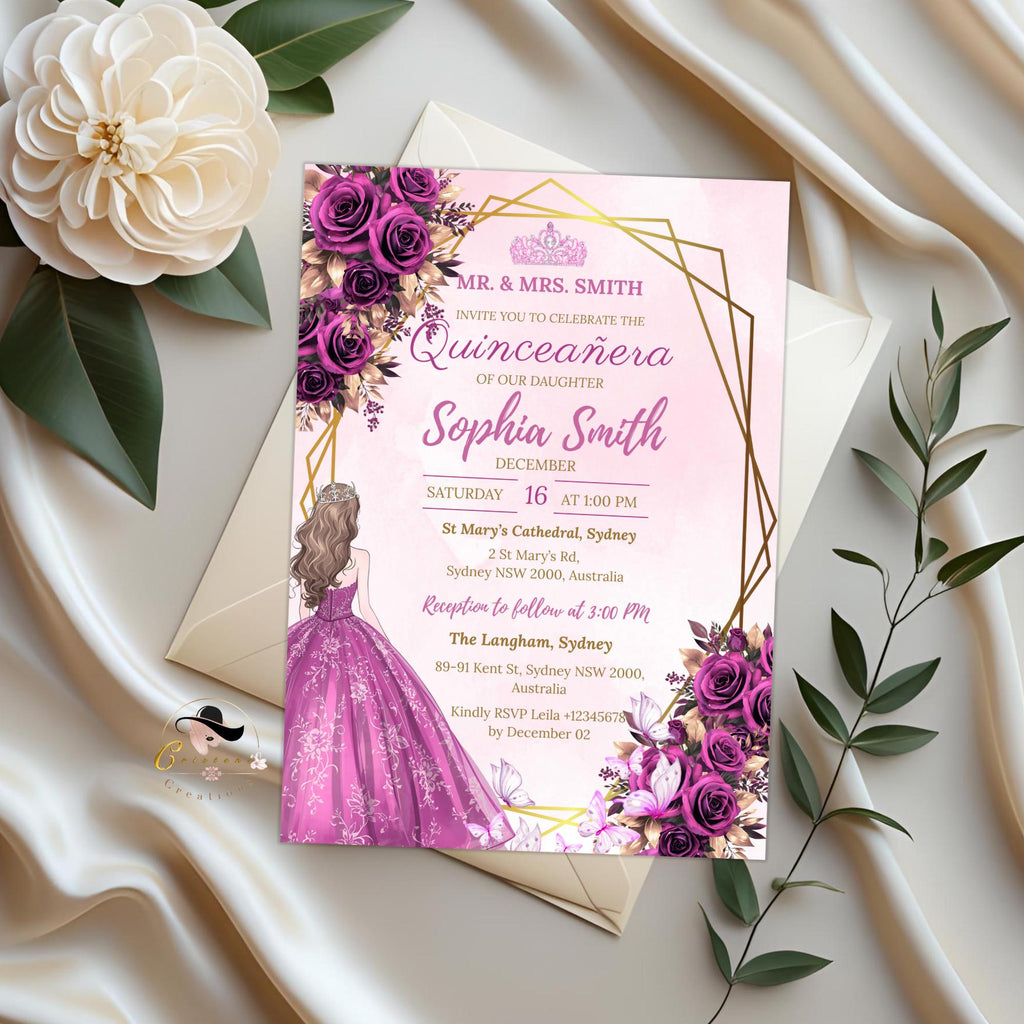 Digital Quinceañera Invitation Purple Gold Elegant Mis Quince Invite, Floral 15th Birthday Party, Quince Anos Invite, Sweet 15 Template
