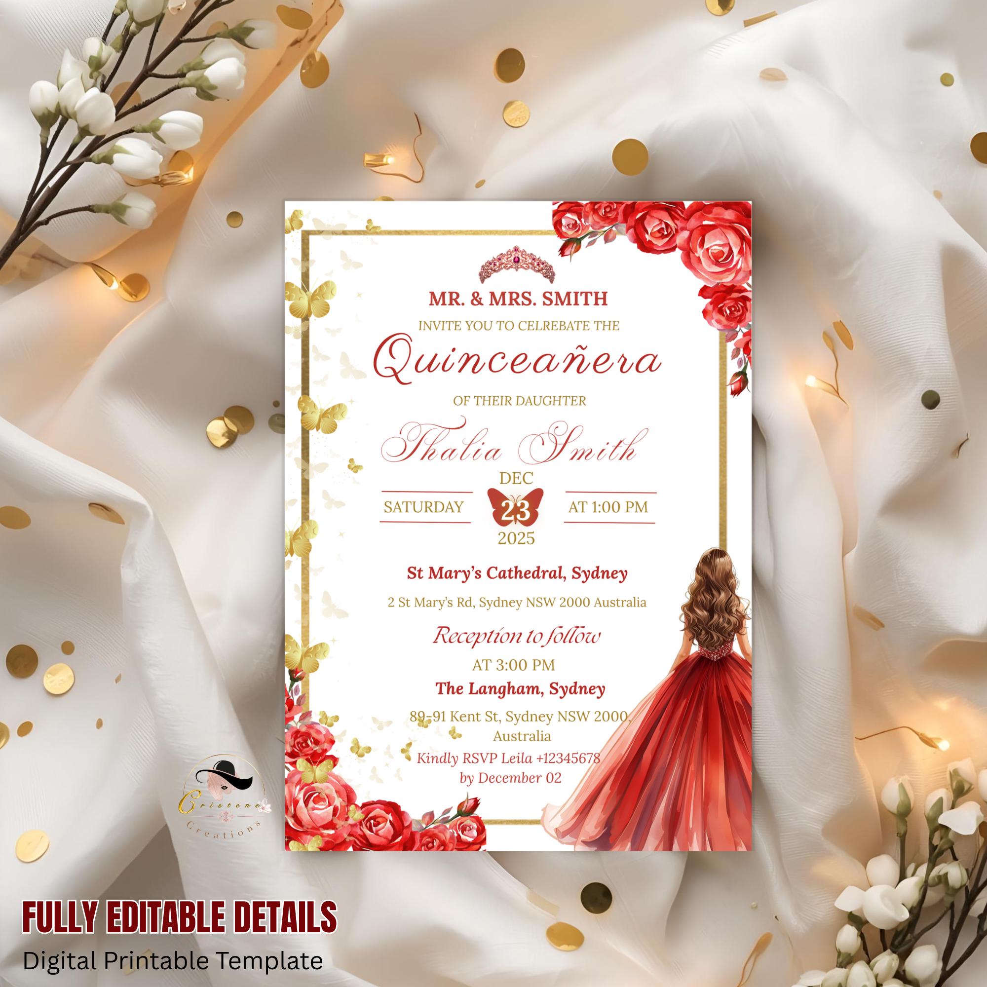 Editable Quinceañera Invitation Red Gold Elegant Mis Quince Invite, Floral 15th Birthday Party, Digital Quince Anos Invite Sweet 15 Template