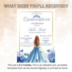 Blue Gold Quinceañera Invitation, Floral 15th Birthday (Editable Template)