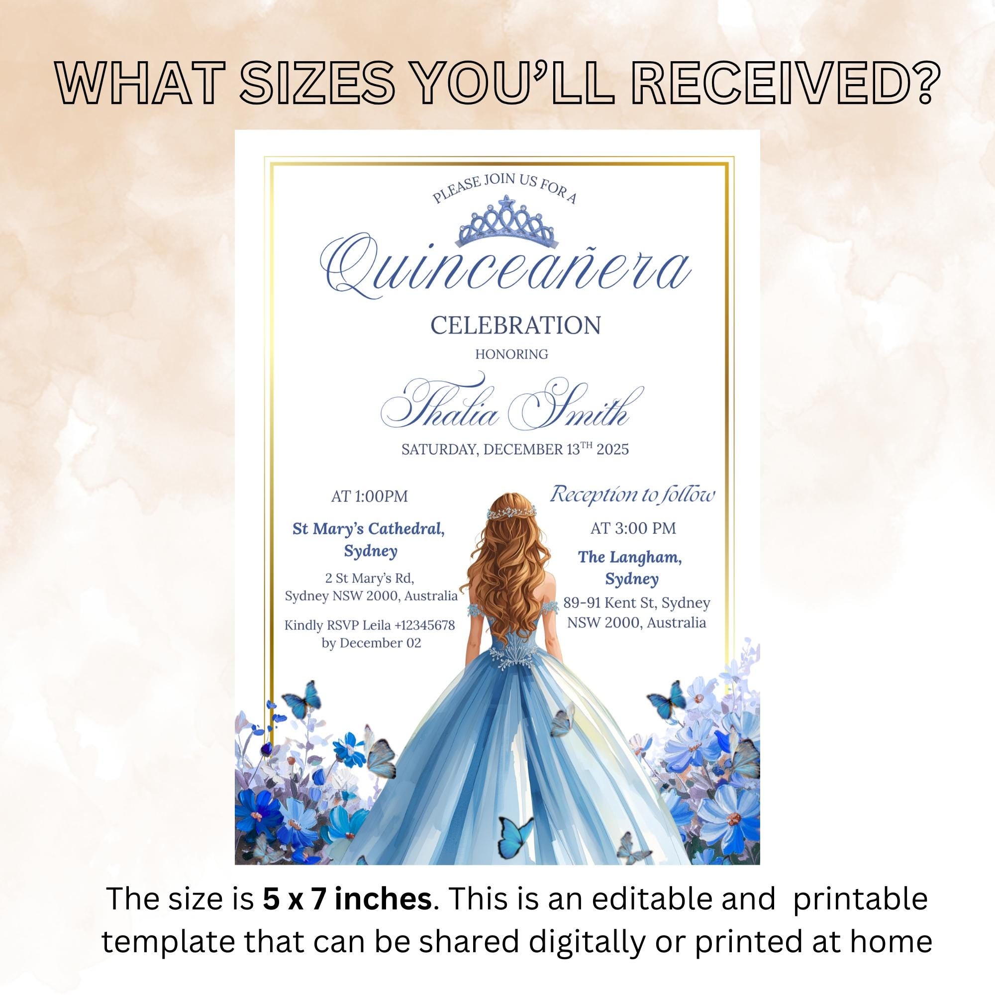 Blue Gold Quinceañera Invitation, Floral 15th Birthday (Editable Template)