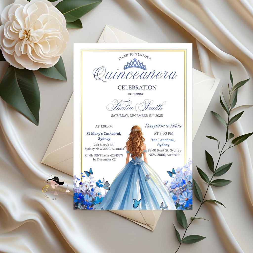 Blue Gold Quinceañera Invitation, Floral 15th Birthday (Editable Template)