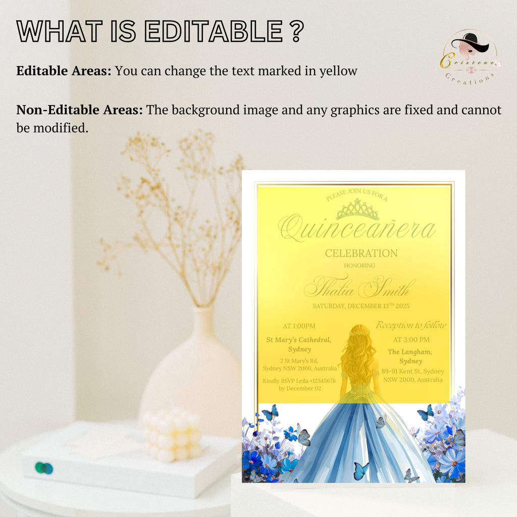 Blue Gold Quinceañera Invitation, Floral 15th Birthday (Editable Template)