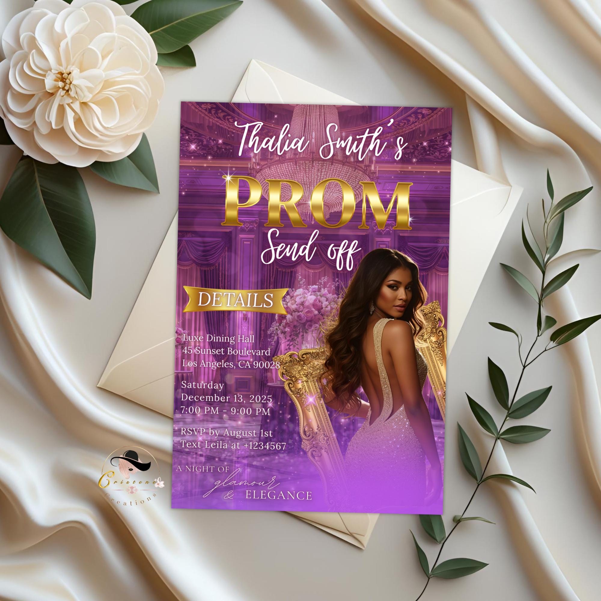 Editable Prom Send Off Party Invitation Purple Gold Woman Prom Night with photo invite, Digital Hollywood Theme Celebration Template, PRM08
