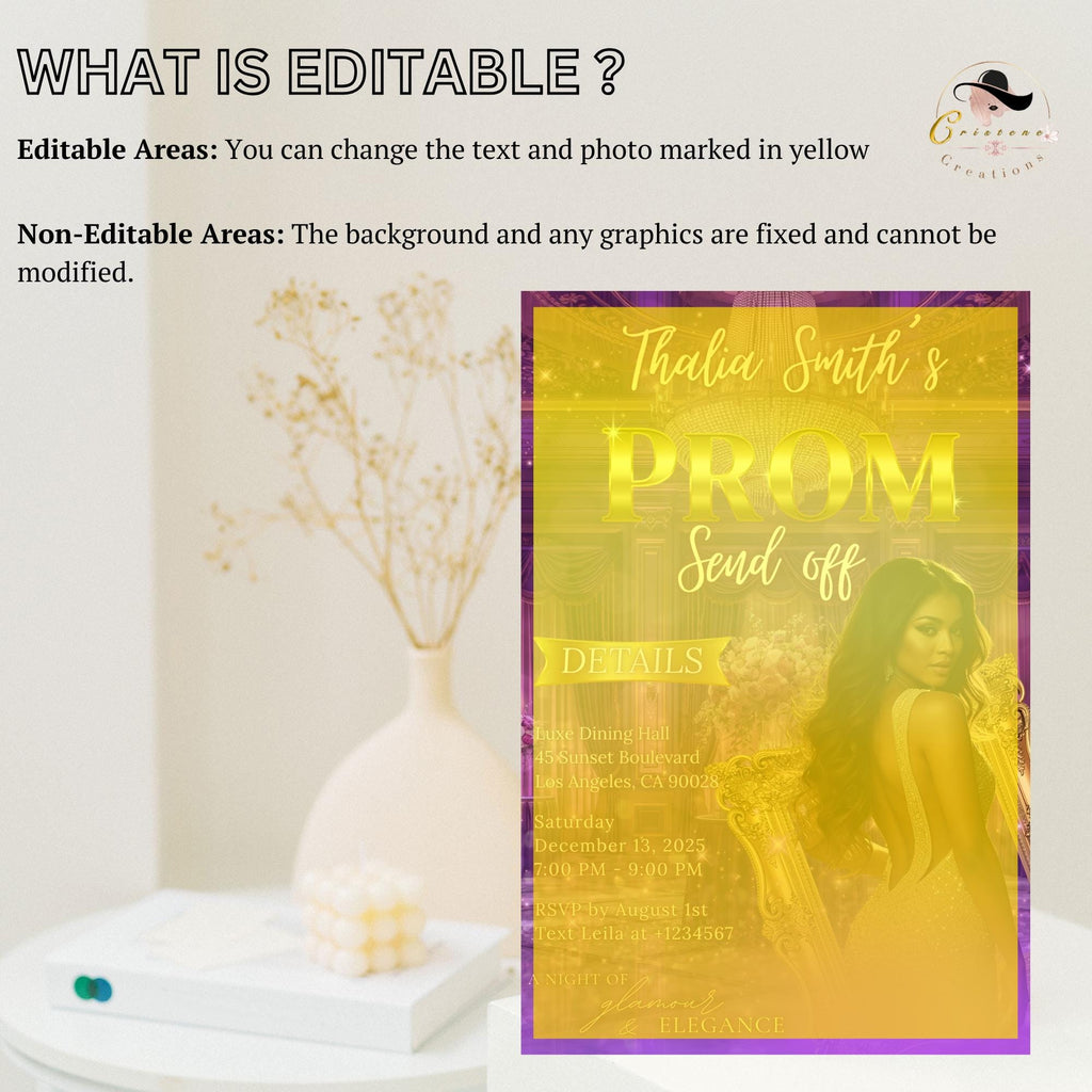 Editable Prom Send Off Party Invitation Purple Gold Woman Prom Night with photo invite, Digital Hollywood Theme Celebration Template, PRM08