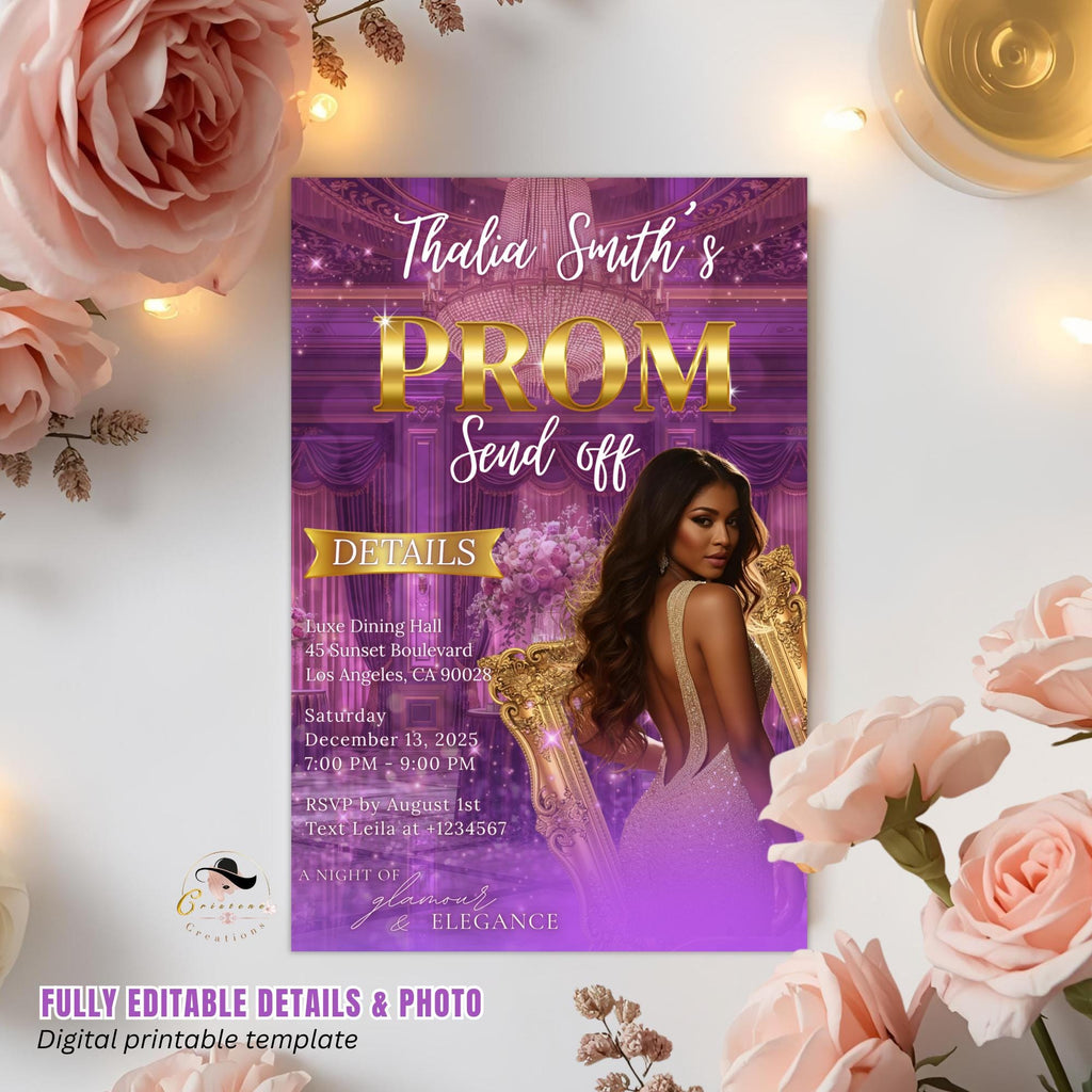 Editable Prom Send Off Party Invitation Purple Gold Woman Prom Night with photo invite, Digital Hollywood Theme Celebration Template, PRM08