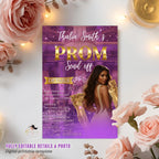 Editable Prom Send Off Party Invitation Purple Gold Woman Prom Night with photo invite, Digital Hollywood Theme Celebration Template, PRM08