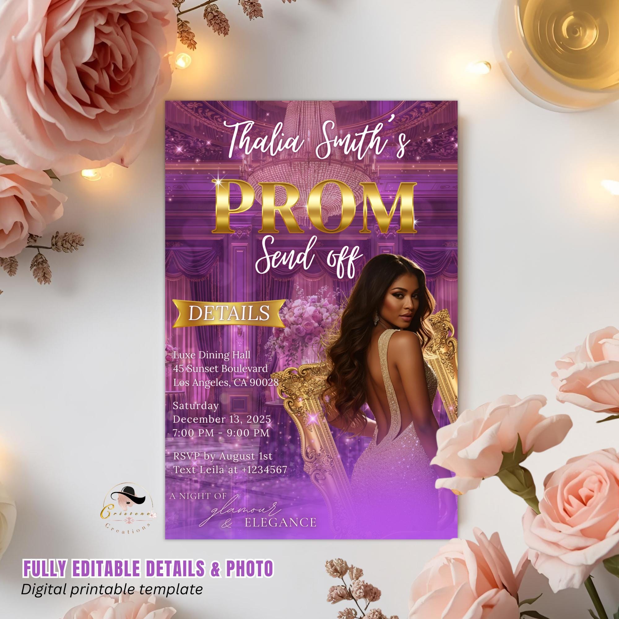Editable Prom Send Off Party Invitation Purple Gold Woman Prom Night with photo invite, Digital Hollywood Theme Celebration Template, PRM08