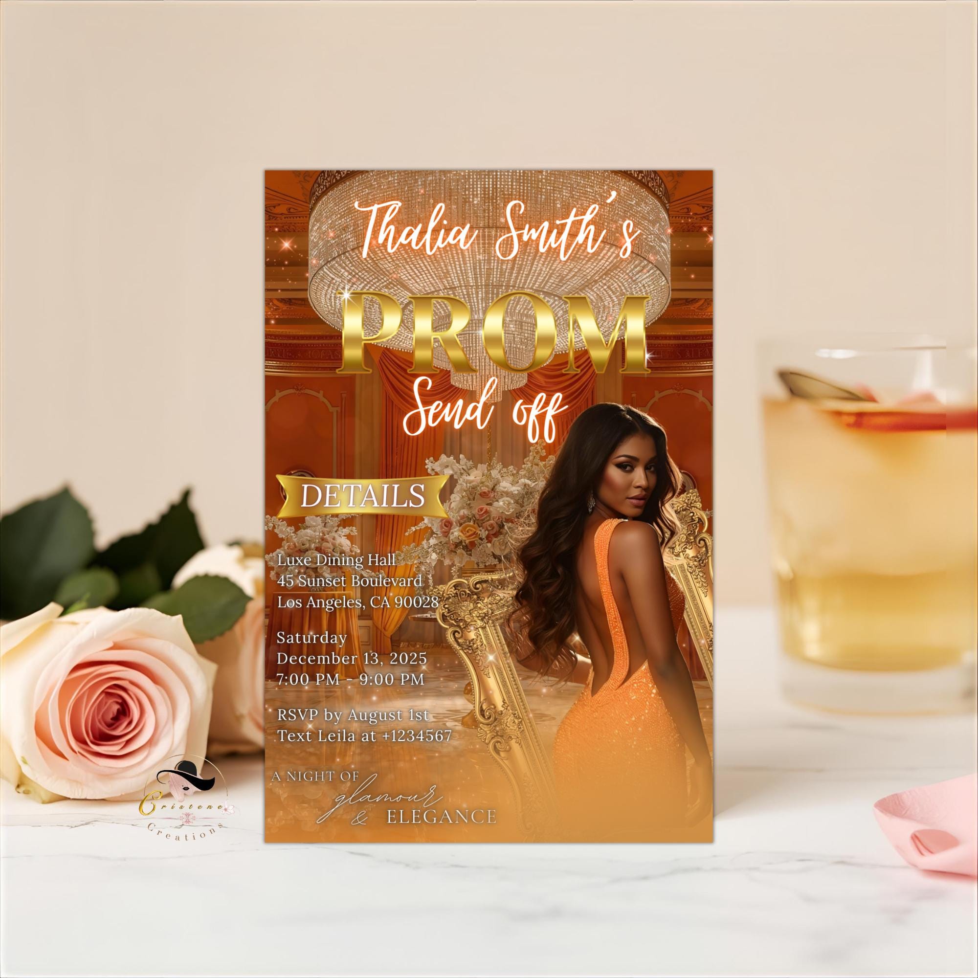 Editable Prom Send Off Party Invitation Orange Woman Prom Night with photo invite, Digital Glam Hollywood Theme Celebration Template, PRM09