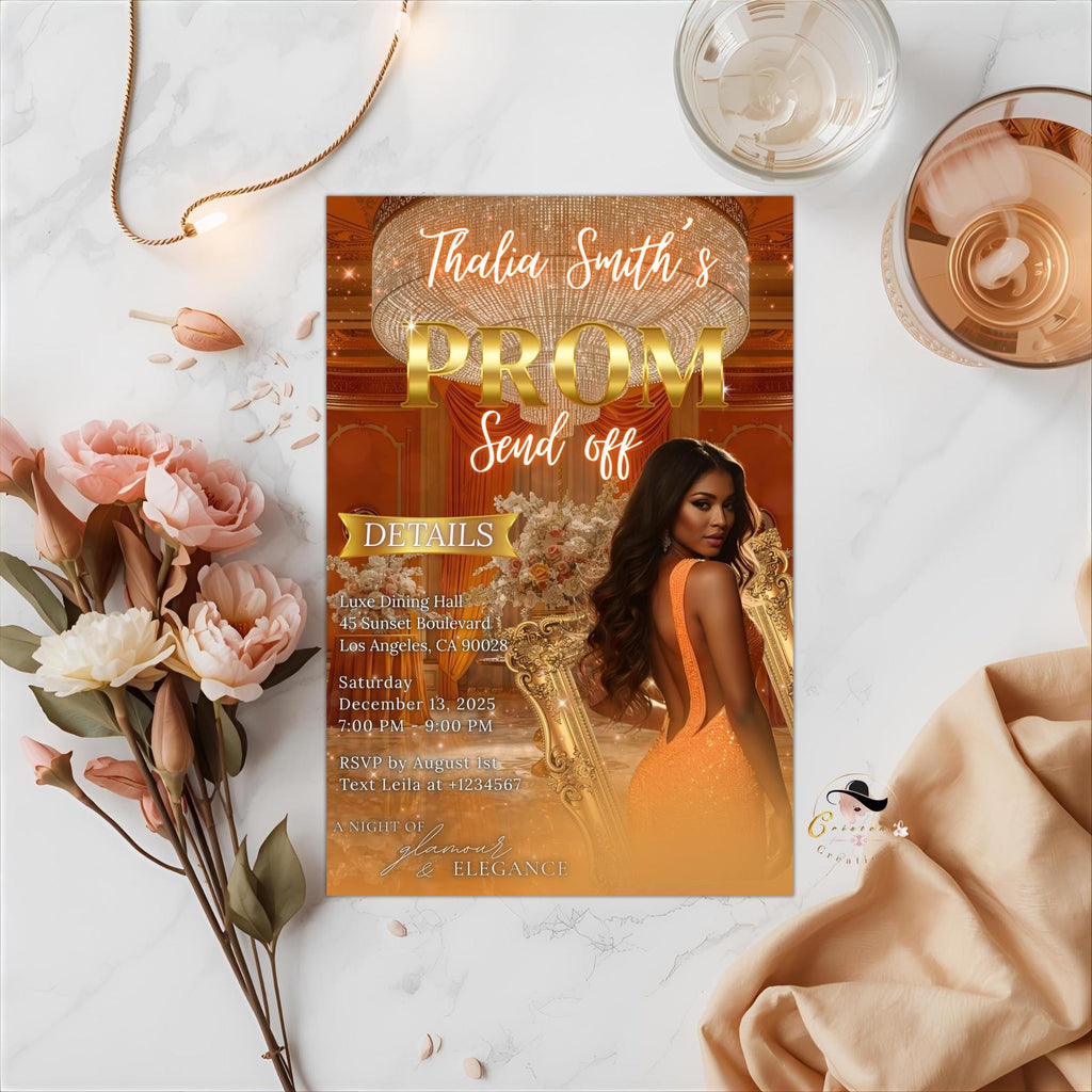 Editable Prom Send Off Party Invitation Orange Woman Prom Night with photo invite, Digital Glam Hollywood Theme Celebration Template, PRM09