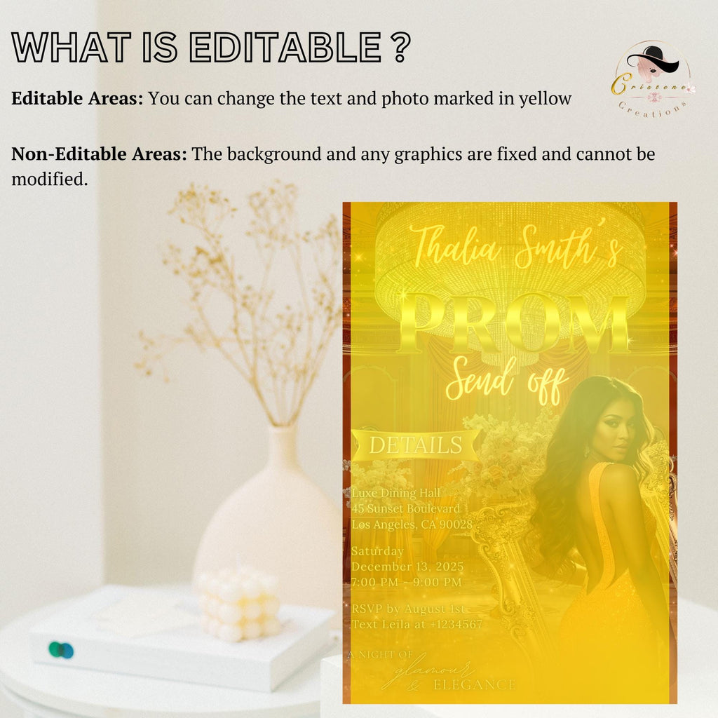 Editable Prom Send Off Party Invitation Orange Woman Prom Night with photo invite, Digital Glam Hollywood Theme Celebration Template, PRM09
