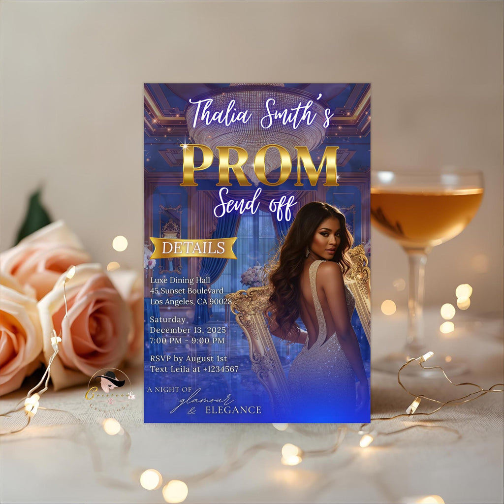 Digital Prom Send Off Invitation Blue Gold Prom Party with photo invite Editable Woman Prom Night Celebration Hollywood Theme Template PRM10