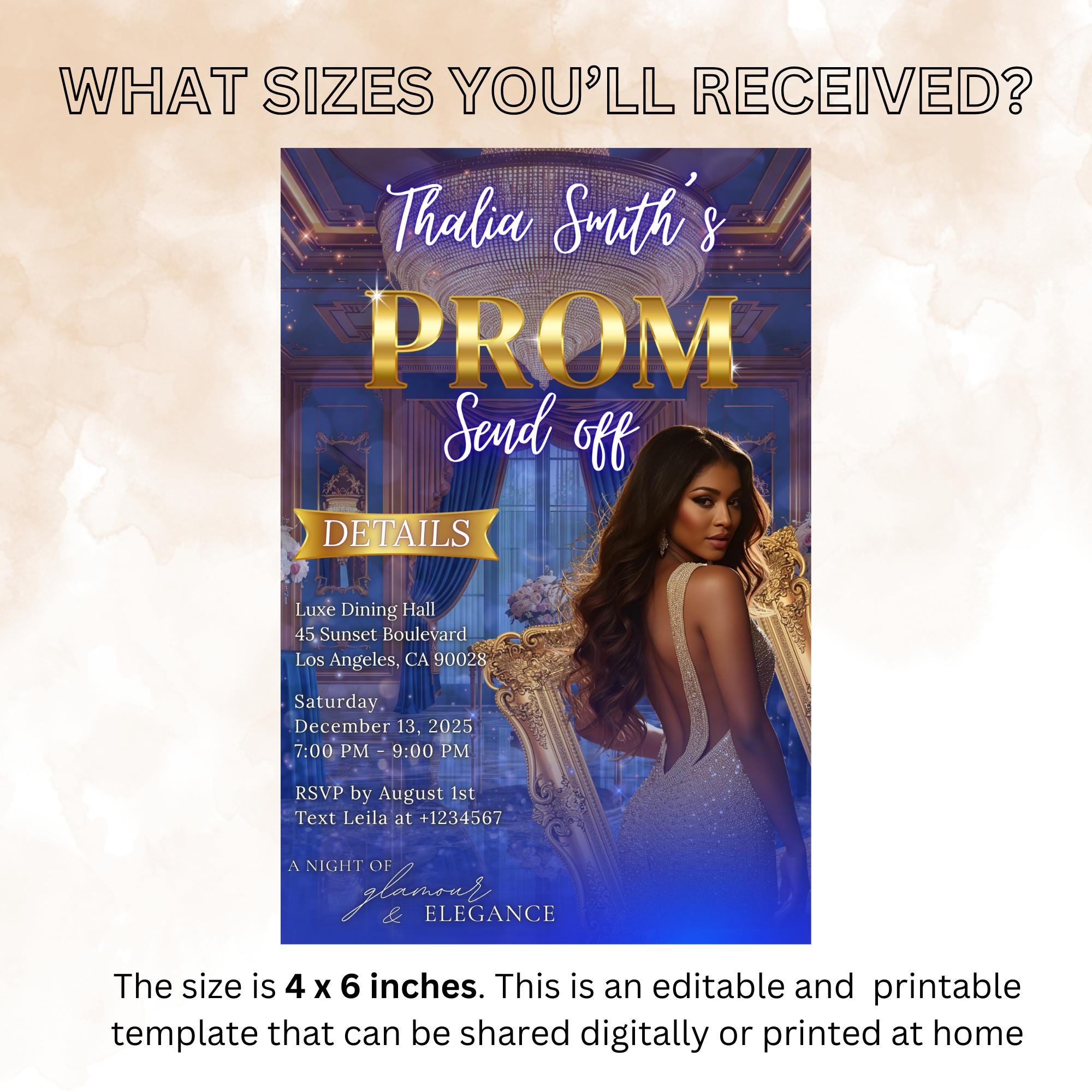 Digital Prom Send Off Invitation Blue Gold Prom Party with photo invite Editable Woman Prom Night Celebration Hollywood Theme Template PRM10