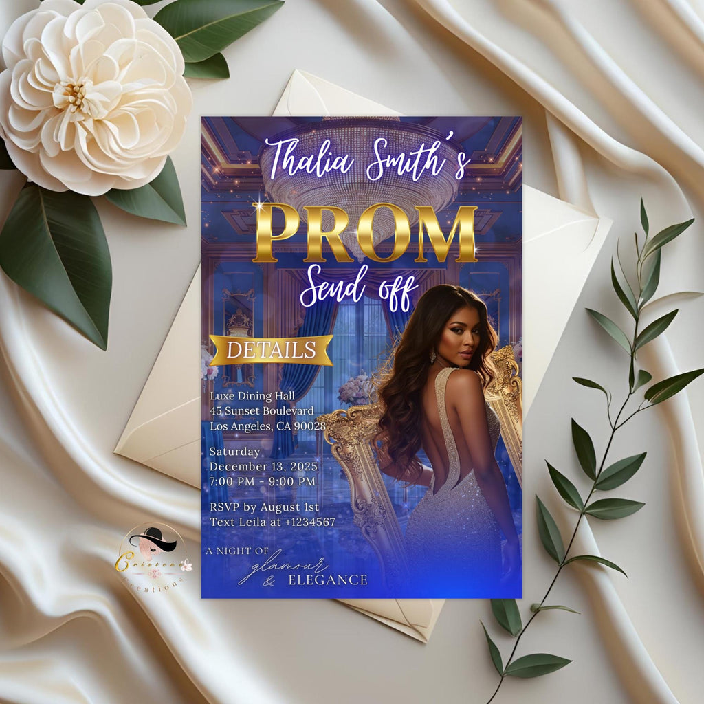 Digital Prom Send Off Invitation Blue Gold Prom Party with photo invite Editable Woman Prom Night Celebration Hollywood Theme Template PRM10
