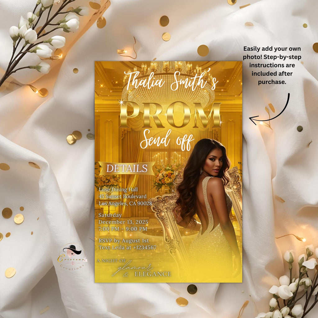 Digital Prom Send Off Party Invitation Yellow Gold Woman Prom Night with photo invite, Editable Hollywood Theme Celebration Template, PRM11