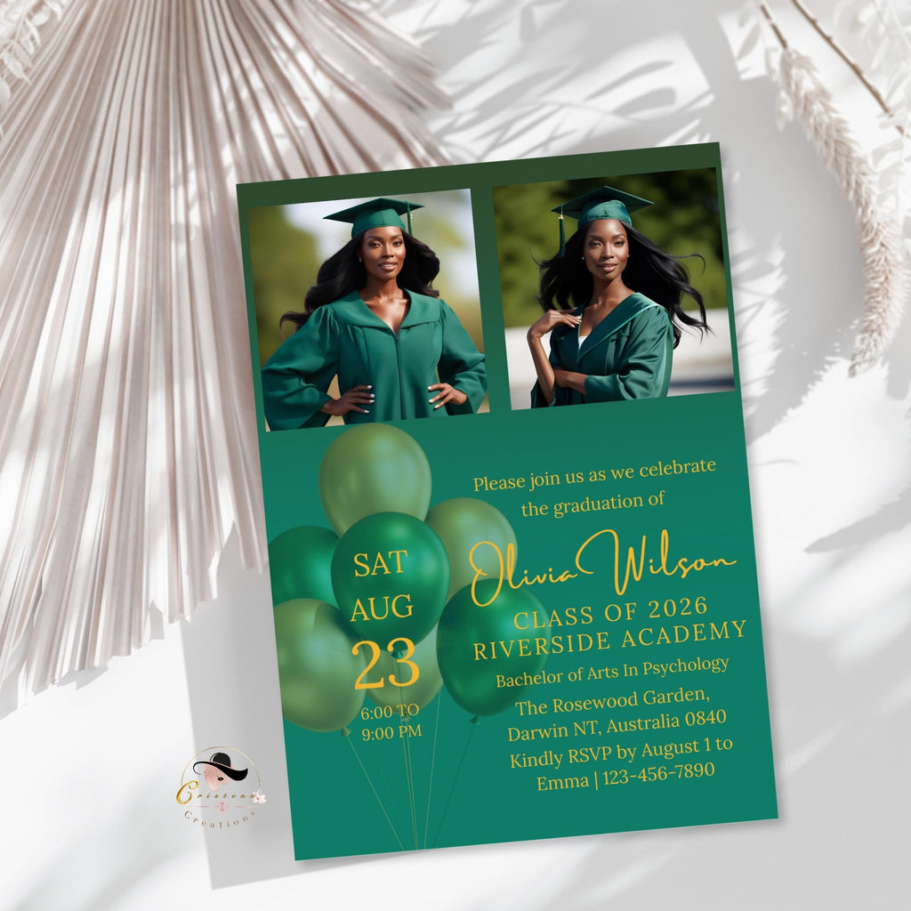 Editable Graduation Announcement Invitation Green Gold Woman Senior Grad Party Invite, 2026 College Graduation Day with photo Template