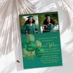 Editable Graduation Announcement Invitation Green Gold Woman Senior Grad Party Invite, 2026 College Graduation Day with photo Template