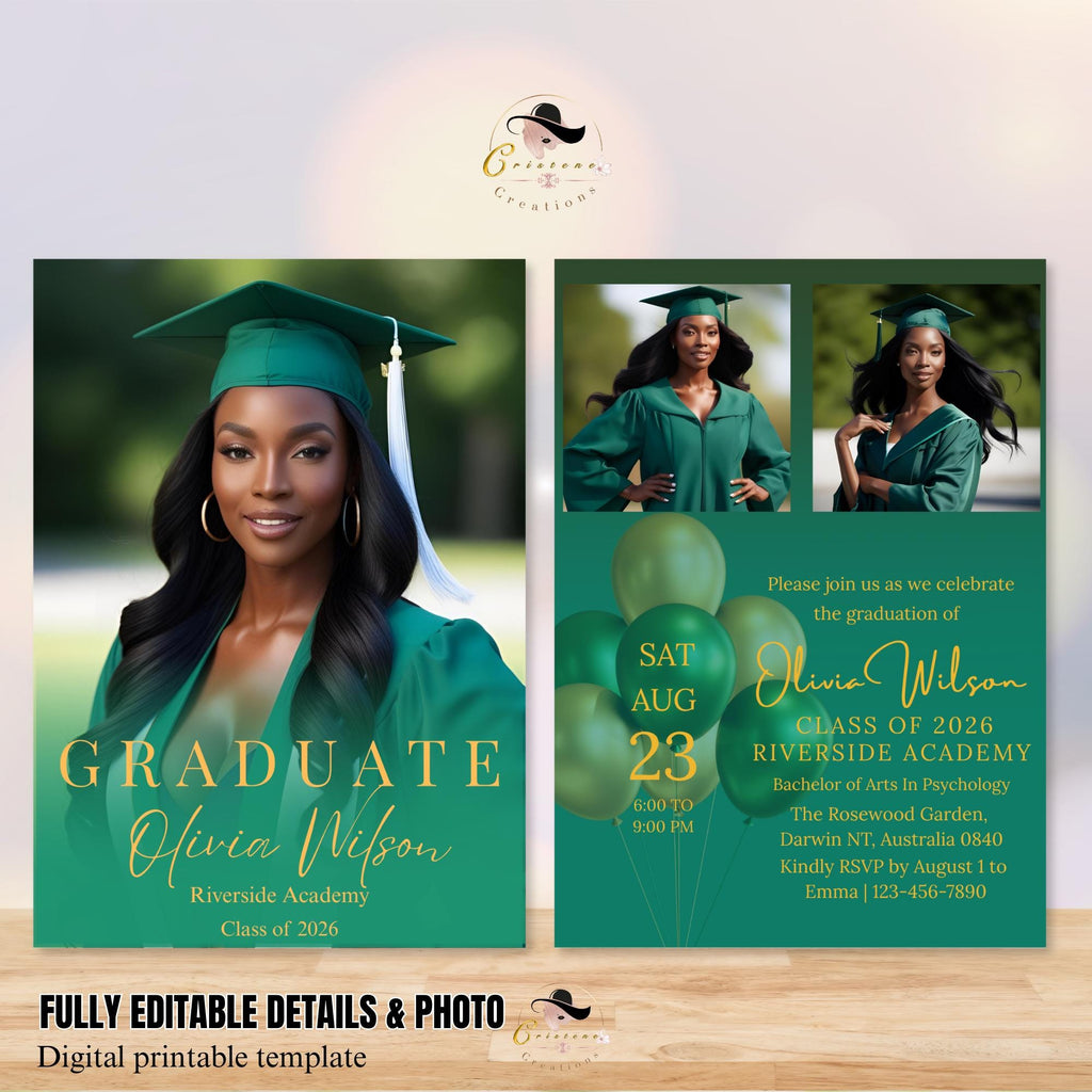 Editable Graduation Announcement Invitation Green Gold Woman Senior Grad Party Invite, 2026 College Graduation Day with photo Template