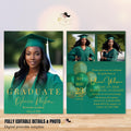 Editable Graduation Announcement Invitation Green Gold Woman Senior Grad Party Invite, 2026 College Graduation Day with photo Template