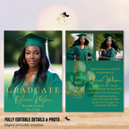 Editable Graduation Announcement Invitation Green Gold Woman Senior Grad Party Invite, 2026 College Graduation Day with photo Template