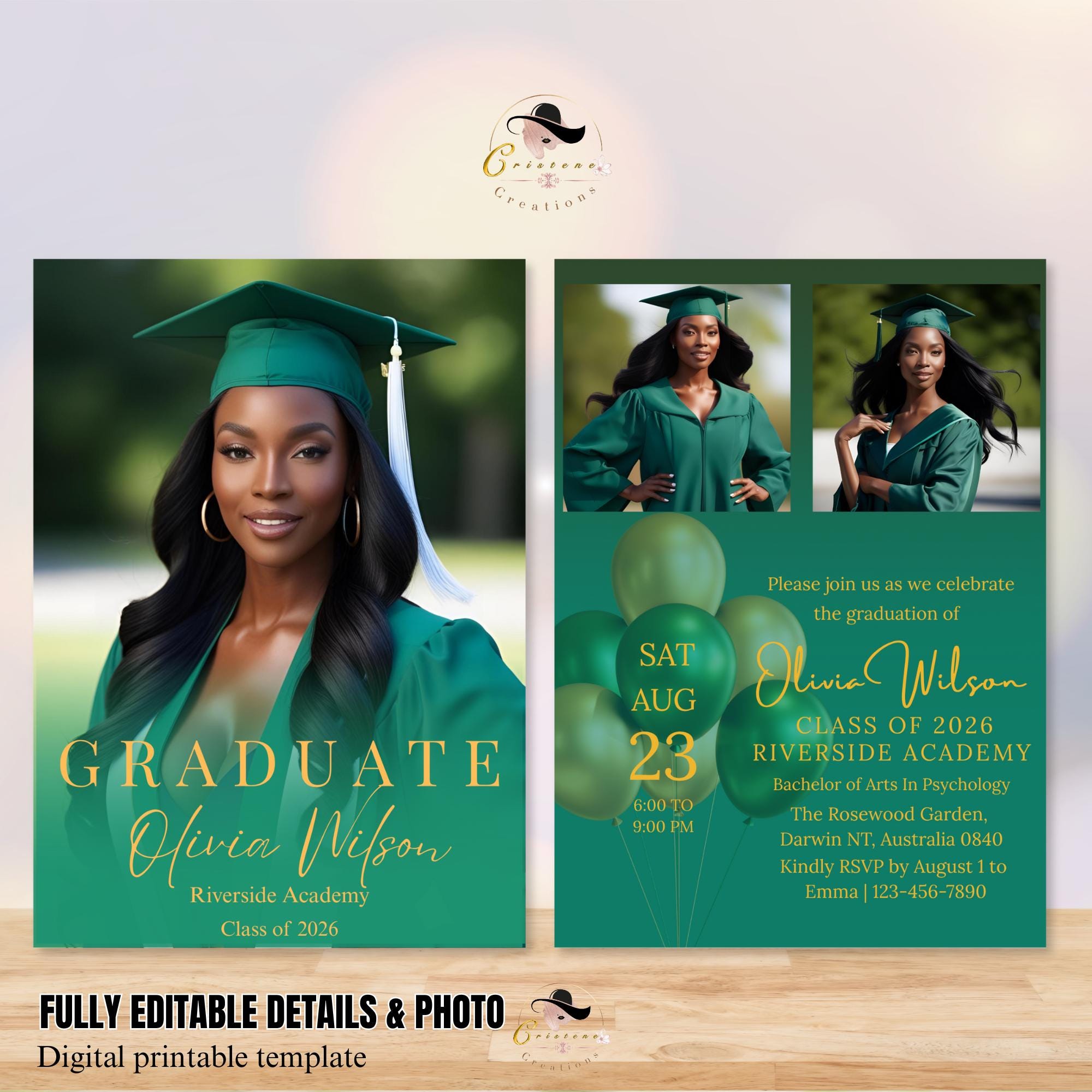 Editable Graduation Announcement Invitation Green Gold Woman Senior Grad Party Invite, 2026 College Graduation Day with photo Template