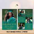 Digital Graduation Announcement Invitation Green Gold 2026 Senior Graduate Party with photo invite, Editable College Graduation Day Template