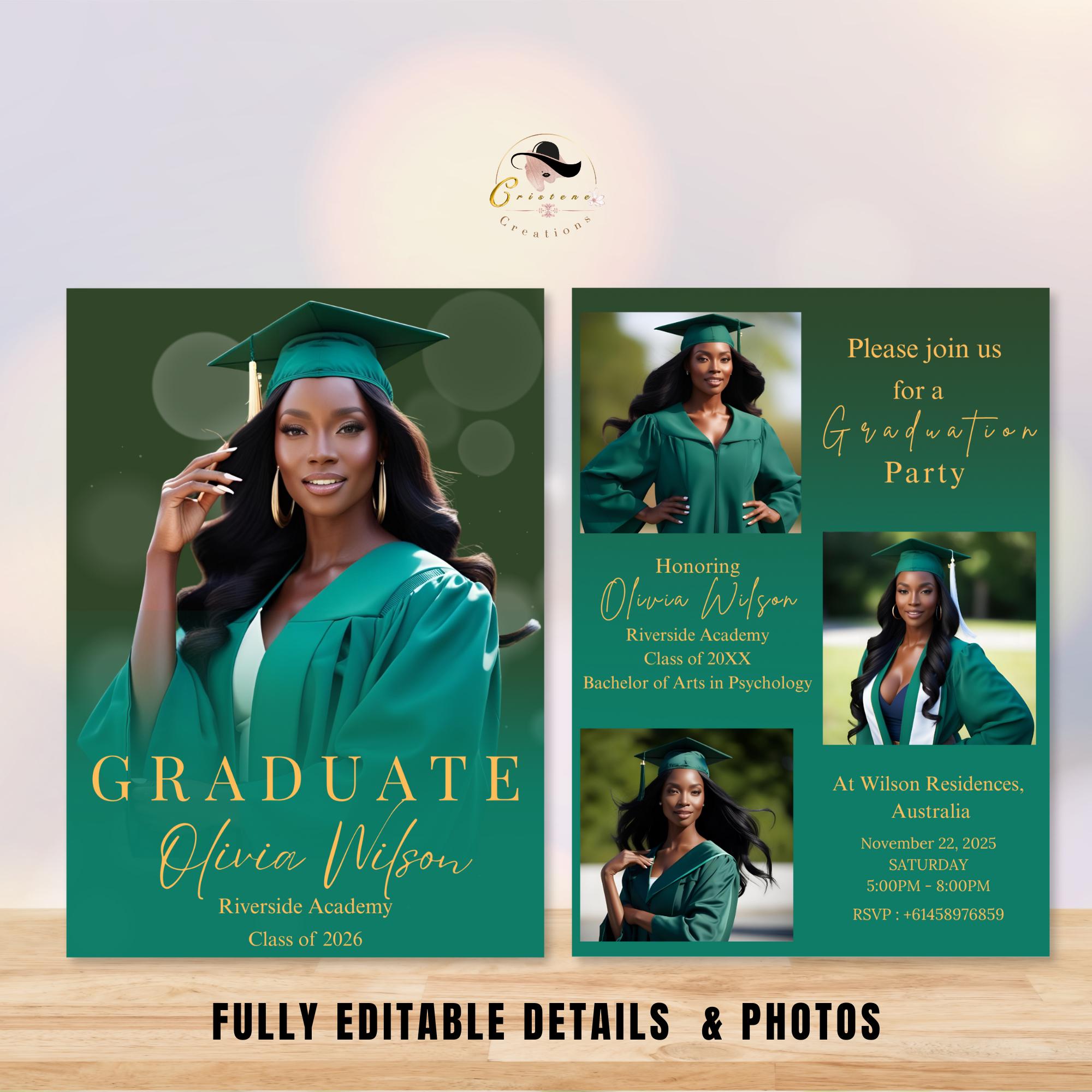 Digital Graduation Announcement Invitation Green Gold 2026 Senior Graduate Party with photo invite, Editable College Graduation Day Template
