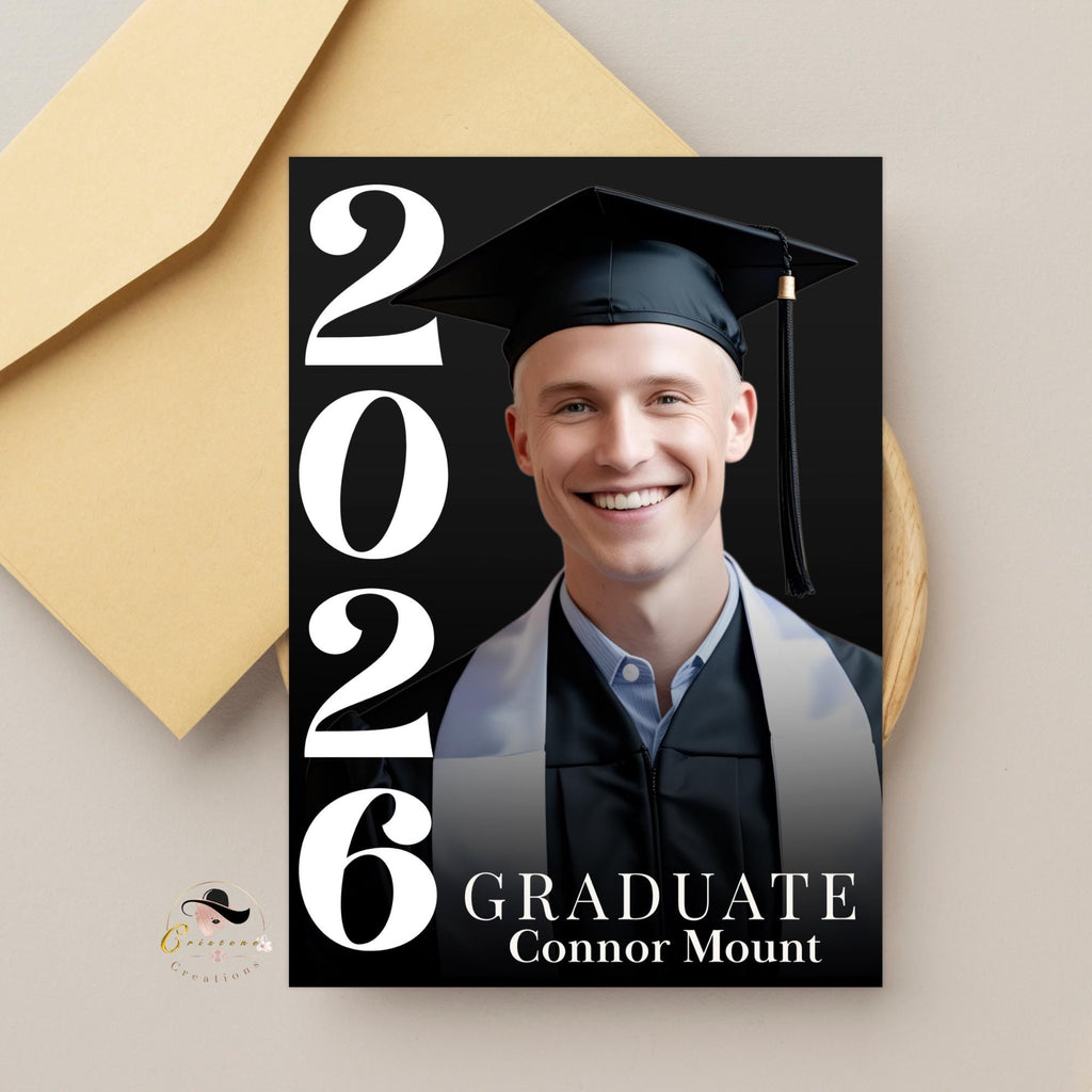 Men Graduation Announcement Invitation, Class of 2026 Senior Graduate Party with photo invite, Editable Male College Graduation Day Template