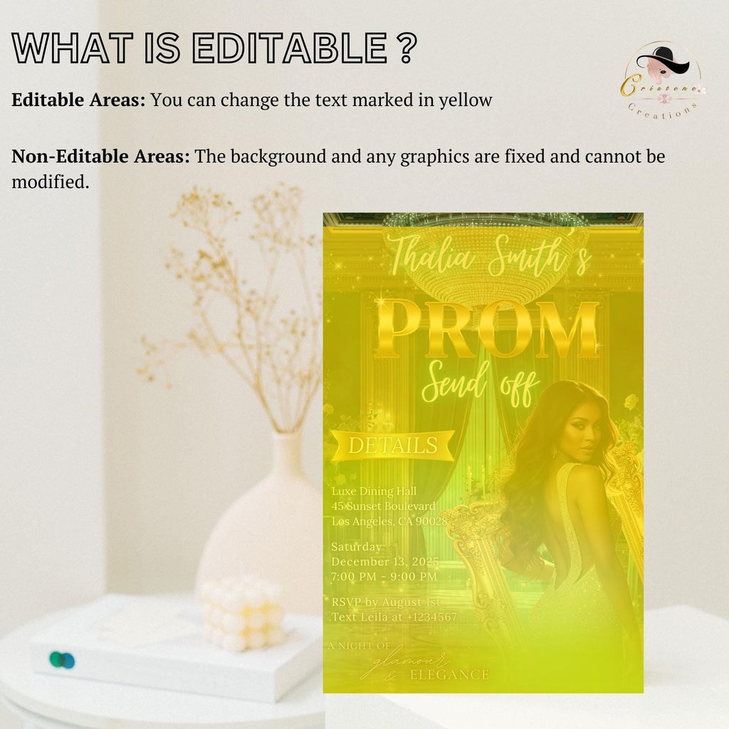 Digital Prom Send Off Party Invitation Green Gold Woman Prom Night with photo invite, Editable Senior Ball and Junior Prom Template, PRM12