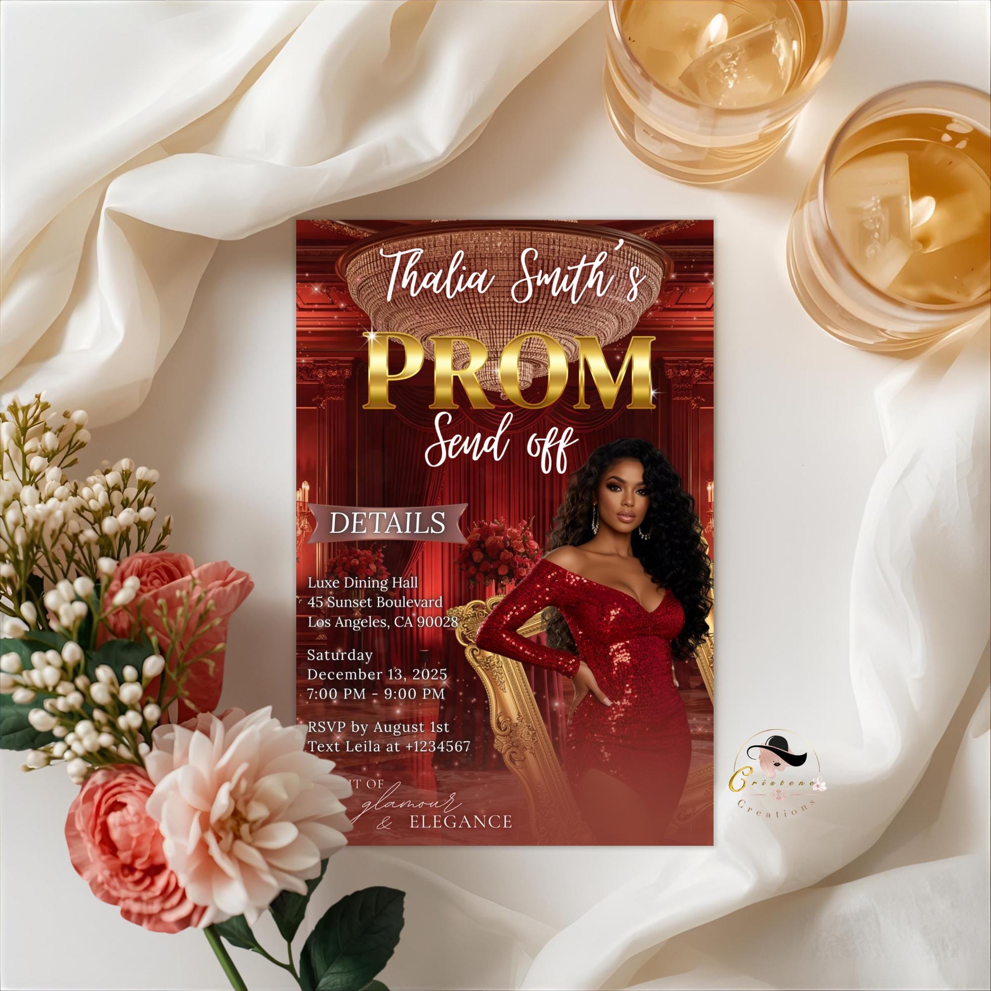Digital Prom Send Off Party Invitation Maroon Woman Prom Night with photo invite, Editable Senior Ball and Junior Prom Template, PRM13