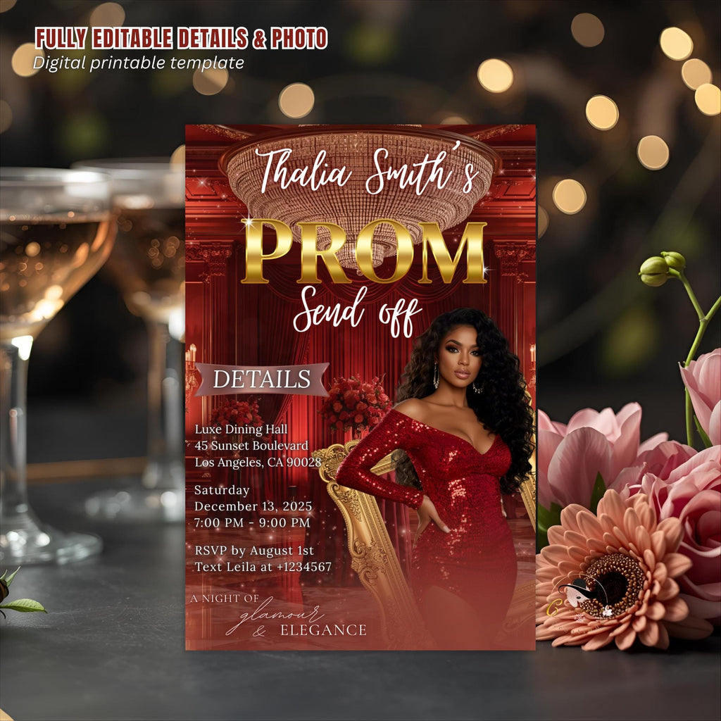 Digital Prom Send Off Party Invitation Maroon Woman Prom Night with photo invite, Editable Senior Ball and Junior Prom Template, PRM13