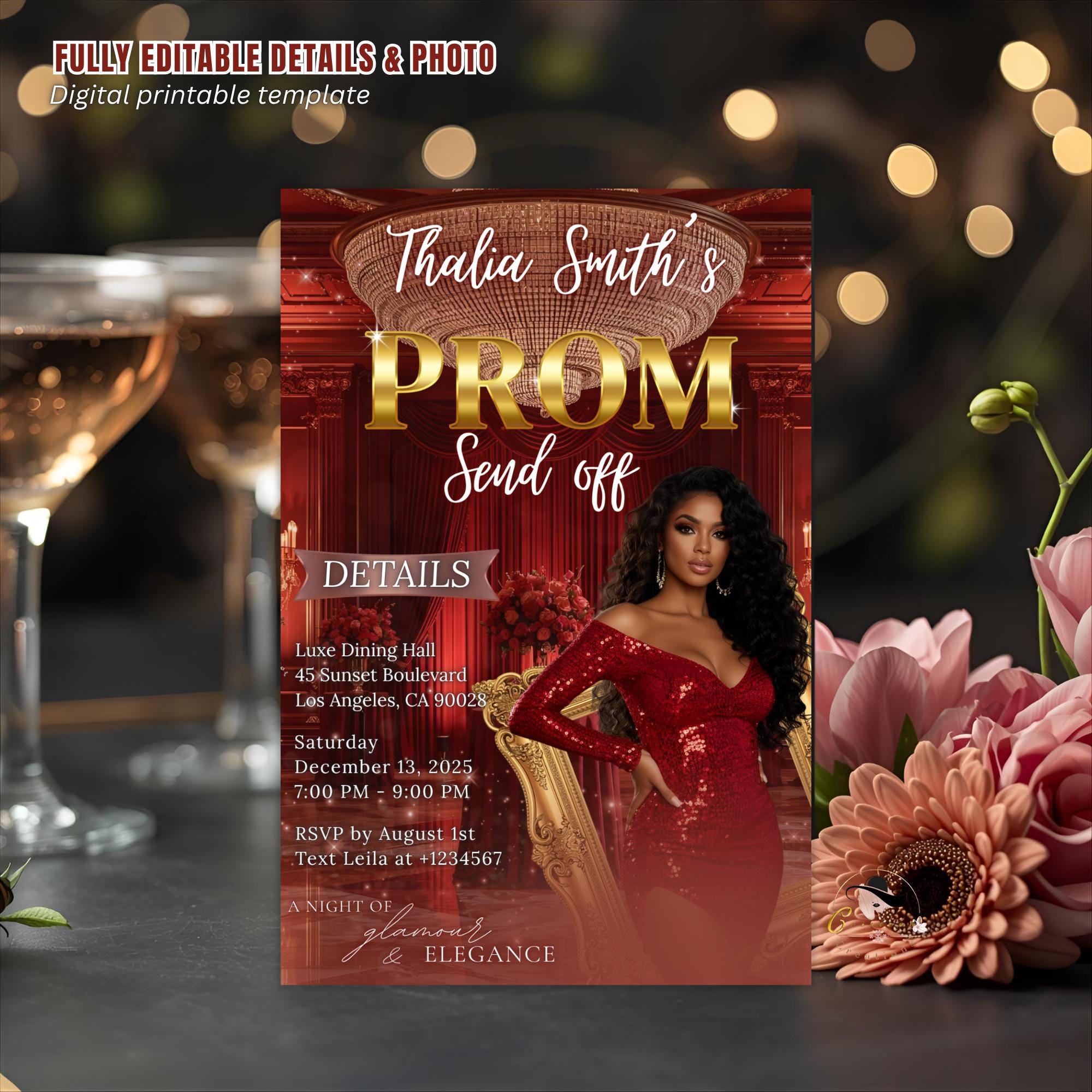 Digital Prom Send Off Party Invitation Maroon Woman Prom Night with photo invite, Editable Senior Ball and Junior Prom Template, PRM13